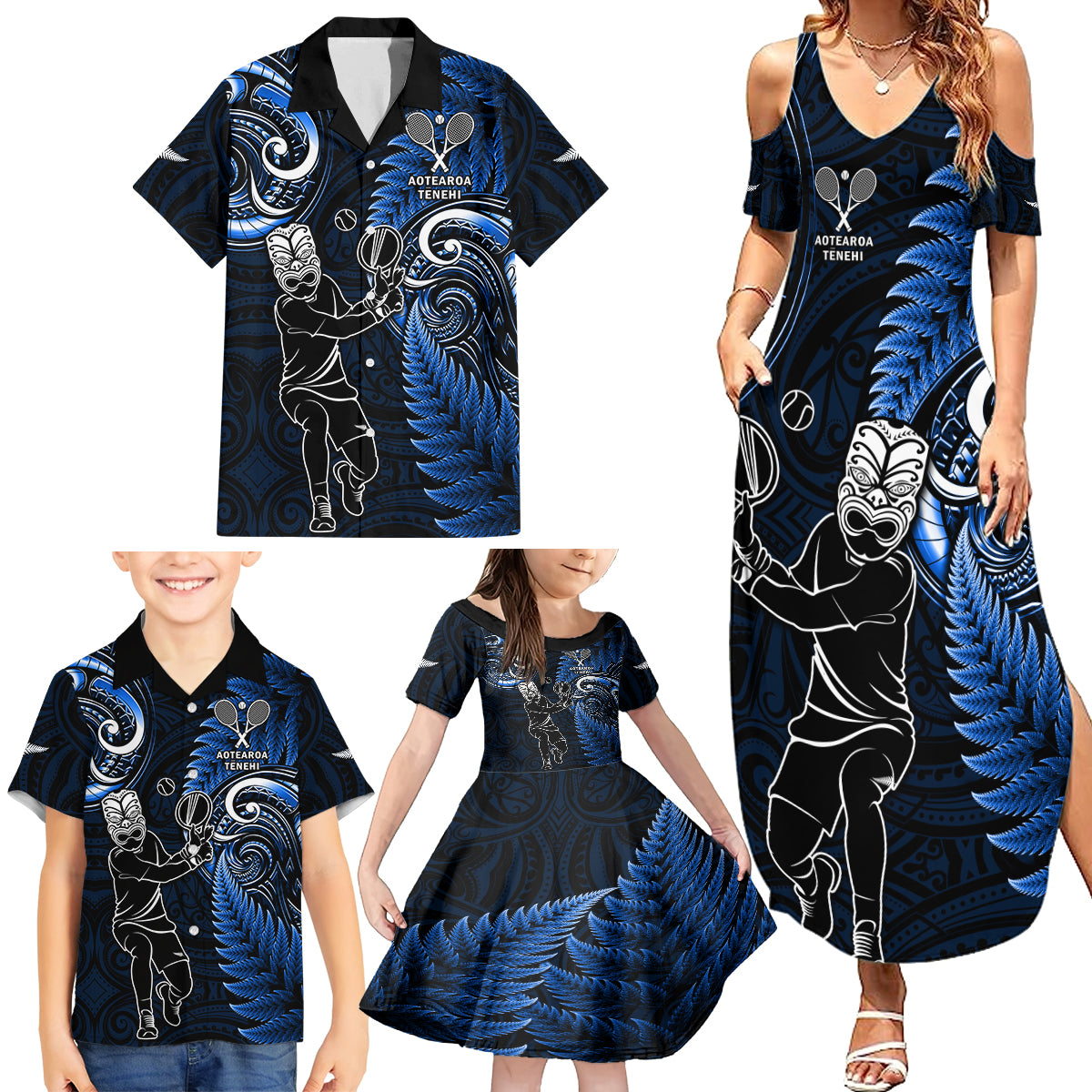 Custom New Zealand Tiki Tennis Family Matching Summer Maxi Dress and Hawaiian Shirt 2024 Aotearoa Tenehi Maori Silver Fern - Blue