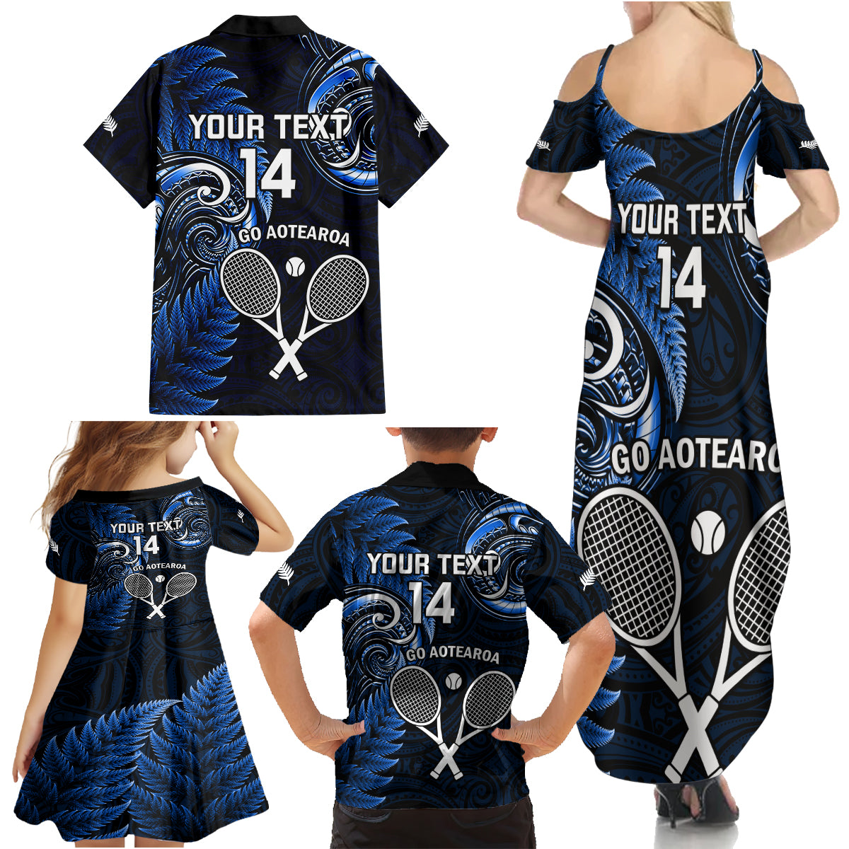 Custom New Zealand Tiki Tennis Family Matching Summer Maxi Dress and Hawaiian Shirt 2024 Aotearoa Tenehi Maori Silver Fern - Blue