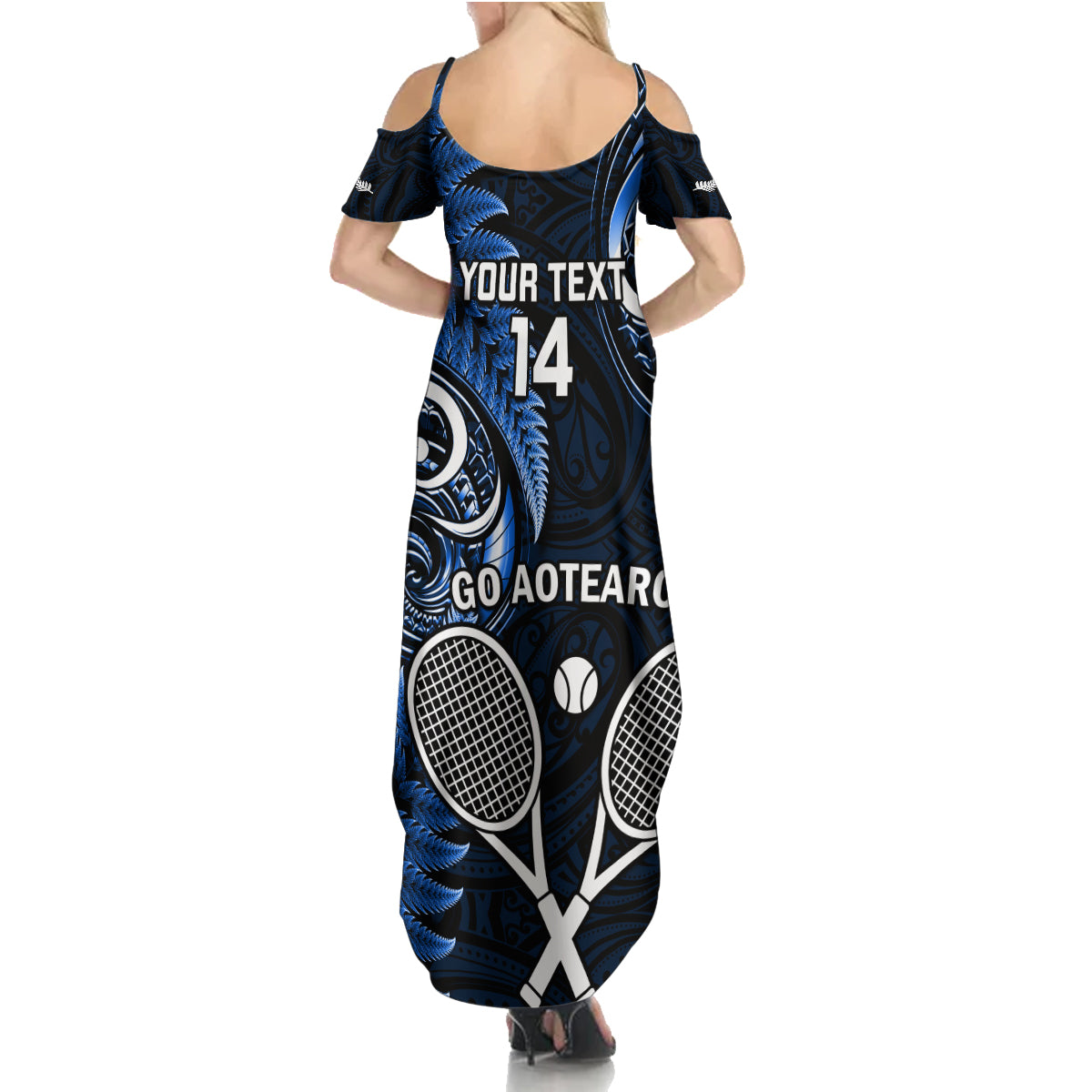 Custom New Zealand Tiki Tennis Family Matching Summer Maxi Dress and Hawaiian Shirt 2024 Aotearoa Tenehi Maori Silver Fern - Blue