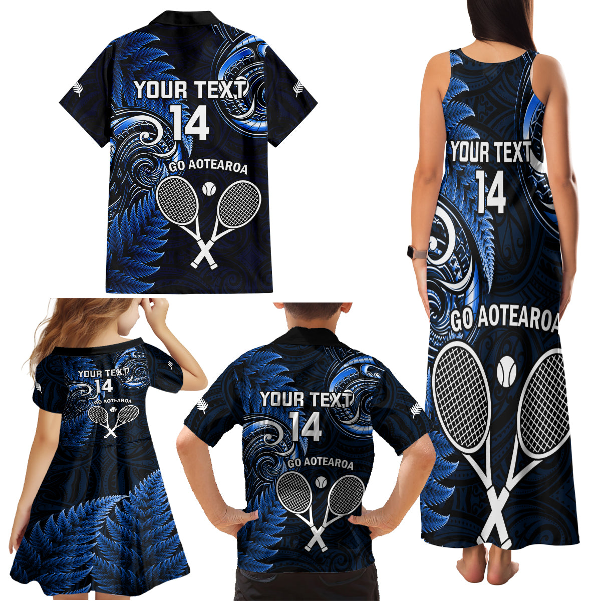 Custom New Zealand Tiki Tennis Family Matching Tank Maxi Dress and Hawaiian Shirt 2024 Aotearoa Tenehi Maori Silver Fern - Blue