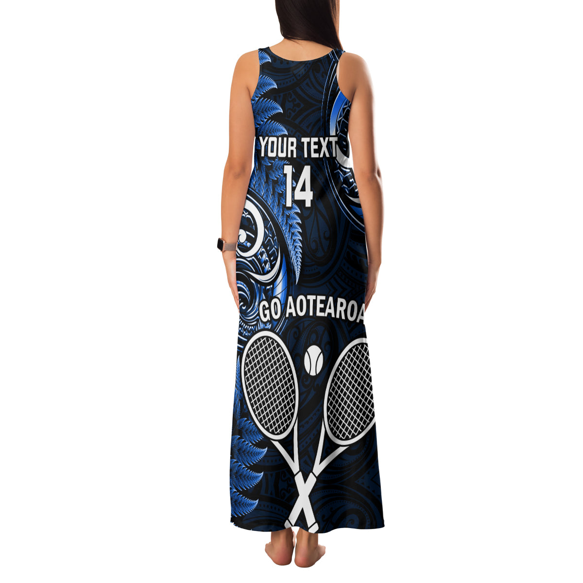 Custom New Zealand Tiki Tennis Family Matching Tank Maxi Dress and Hawaiian Shirt 2024 Aotearoa Tenehi Maori Silver Fern - Blue