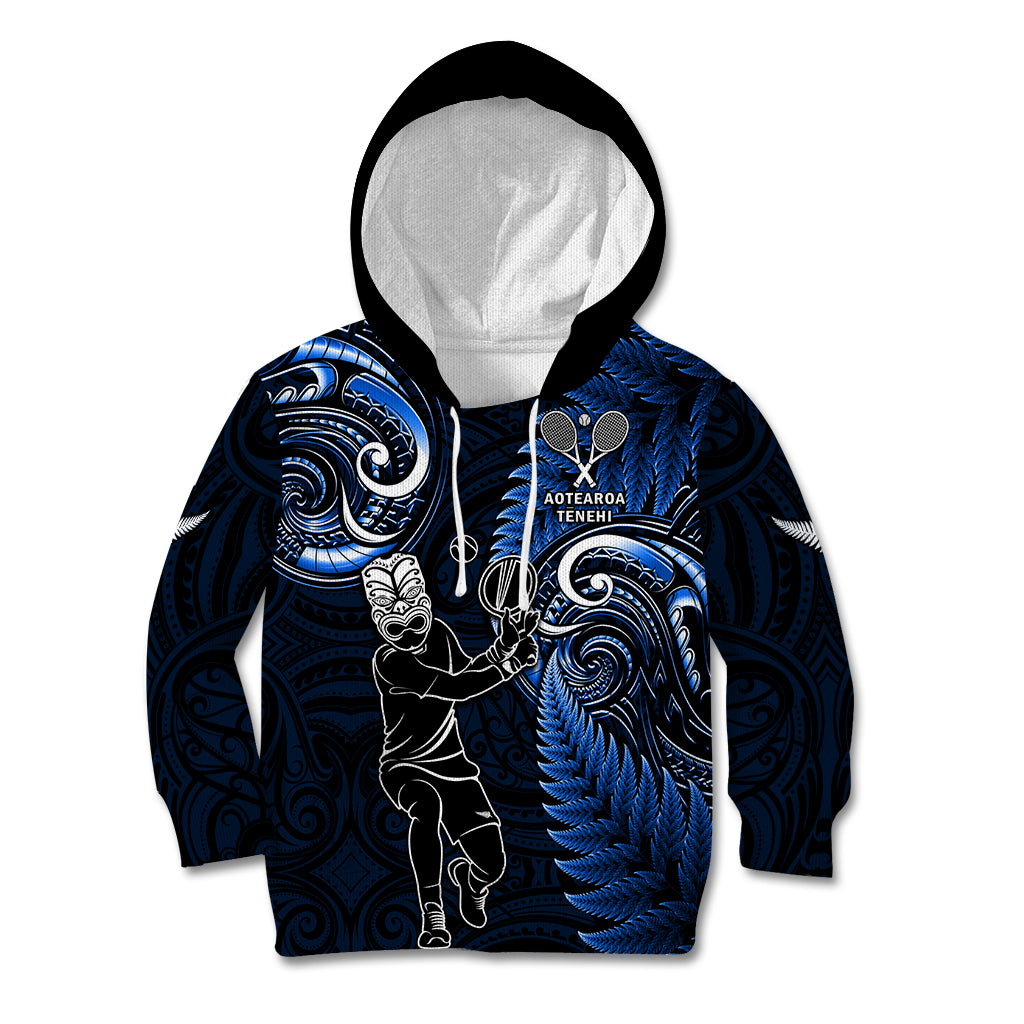 Custom New Zealand Tiki Tennis Kid Hoodie 2024 Aotearoa Tenehi Maori Silver Fern - Blue - Vibe Hoodie Shop