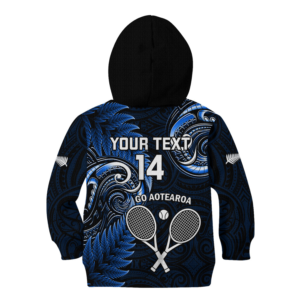 Custom New Zealand Tiki Tennis Kid Hoodie 2024 Aotearoa Tenehi Maori Silver Fern - Blue - Vibe Hoodie Shop