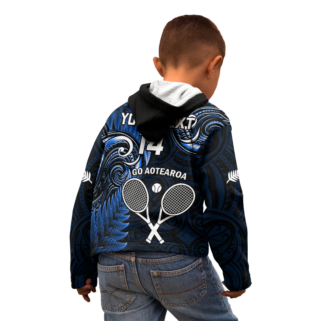 Custom New Zealand Tiki Tennis Kid Hoodie 2024 Aotearoa Tenehi Maori Silver Fern - Blue - Vibe Hoodie Shop