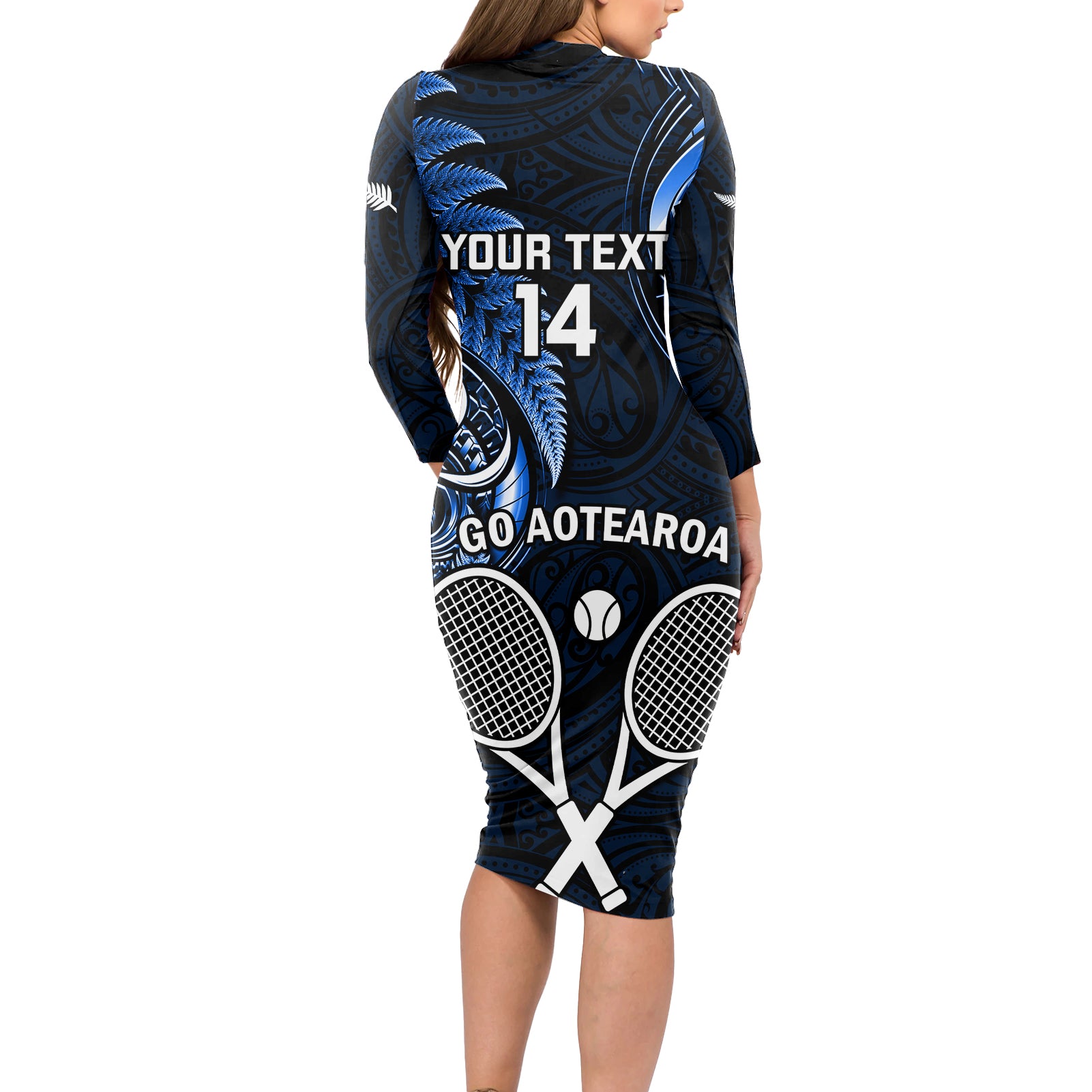 Custom New Zealand Tiki Tennis Long Sleeve Bodycon Dress 2024 Aotearoa Tenehi Maori Silver Fern - Blue