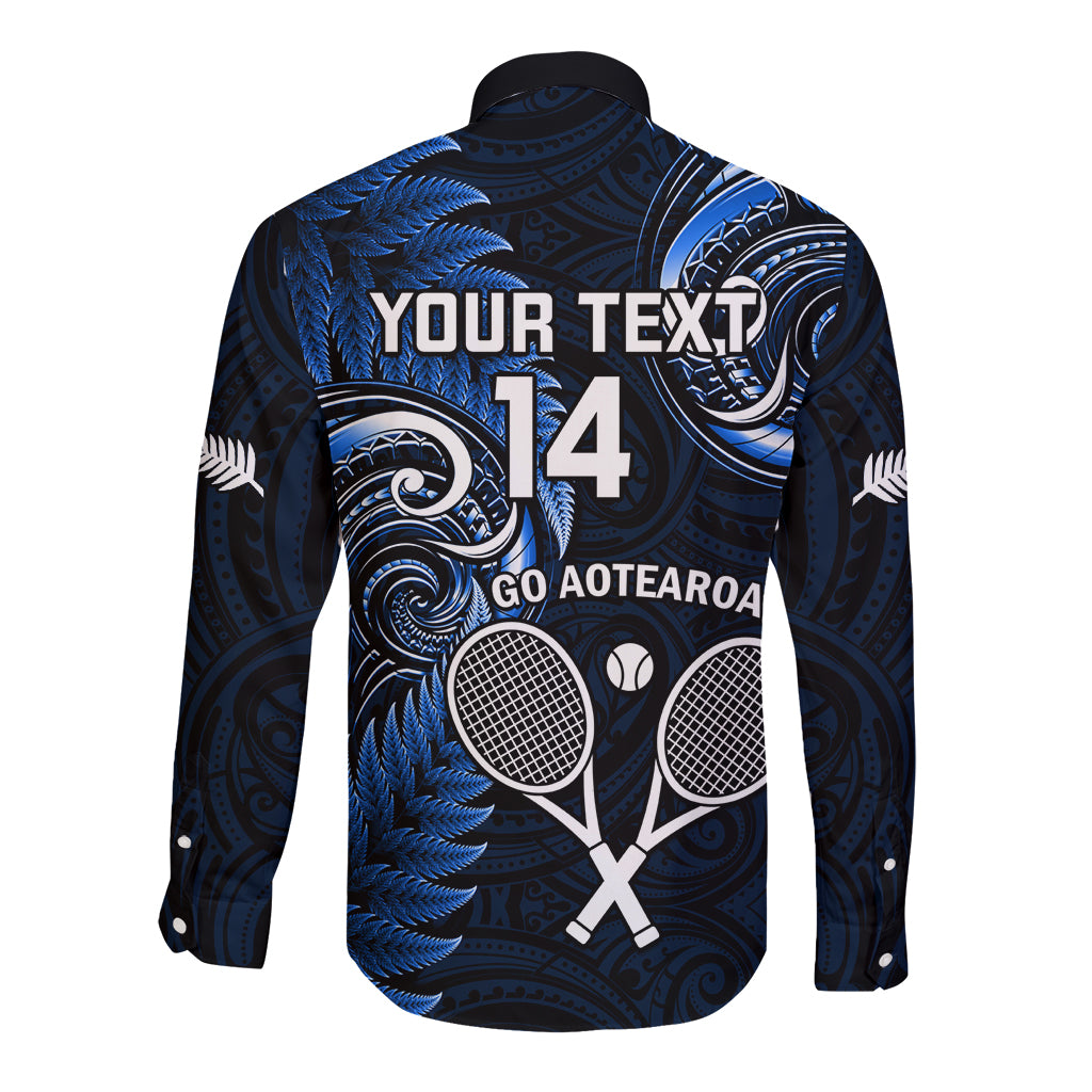 Custom New Zealand Tiki Tennis Long Sleeve Button Shirt 2024 Aotearoa Tenehi Maori Silver Fern - Blue - Vibe Hoodie Shop