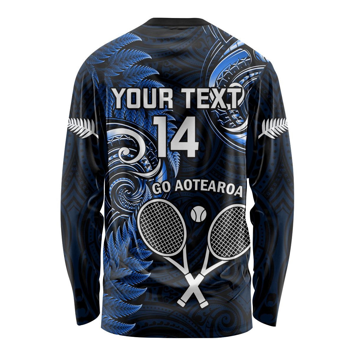 Custom New Zealand Tiki Tennis Long Sleeve Shirt 2024 Aotearoa Tenehi Maori Silver Fern - Blue - Vibe Hoodie Shop