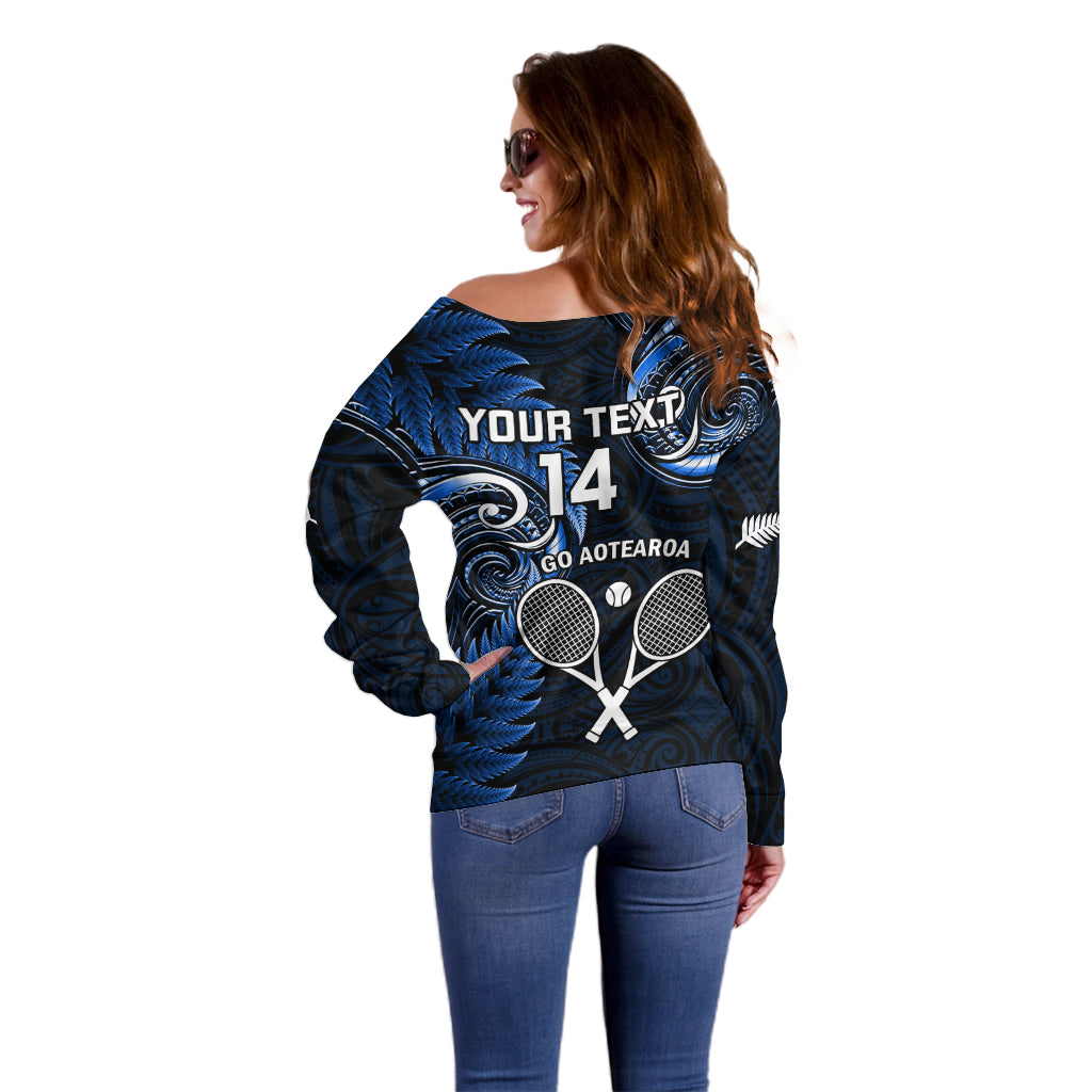 Custom New Zealand Tiki Tennis Off Shoulder Sweater 2024 Aotearoa Tenehi Maori Silver Fern - Blue - Vibe Hoodie Shop