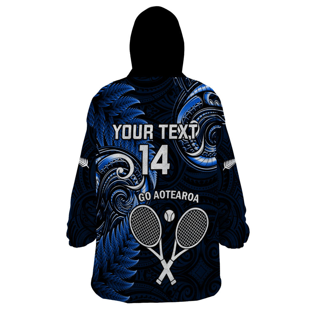 Custom New Zealand Tiki Tennis Wearable Blanket Hoodie 2024 Aotearoa Tenehi Maori Silver Fern - Blue - Vibe Hoodie Shop