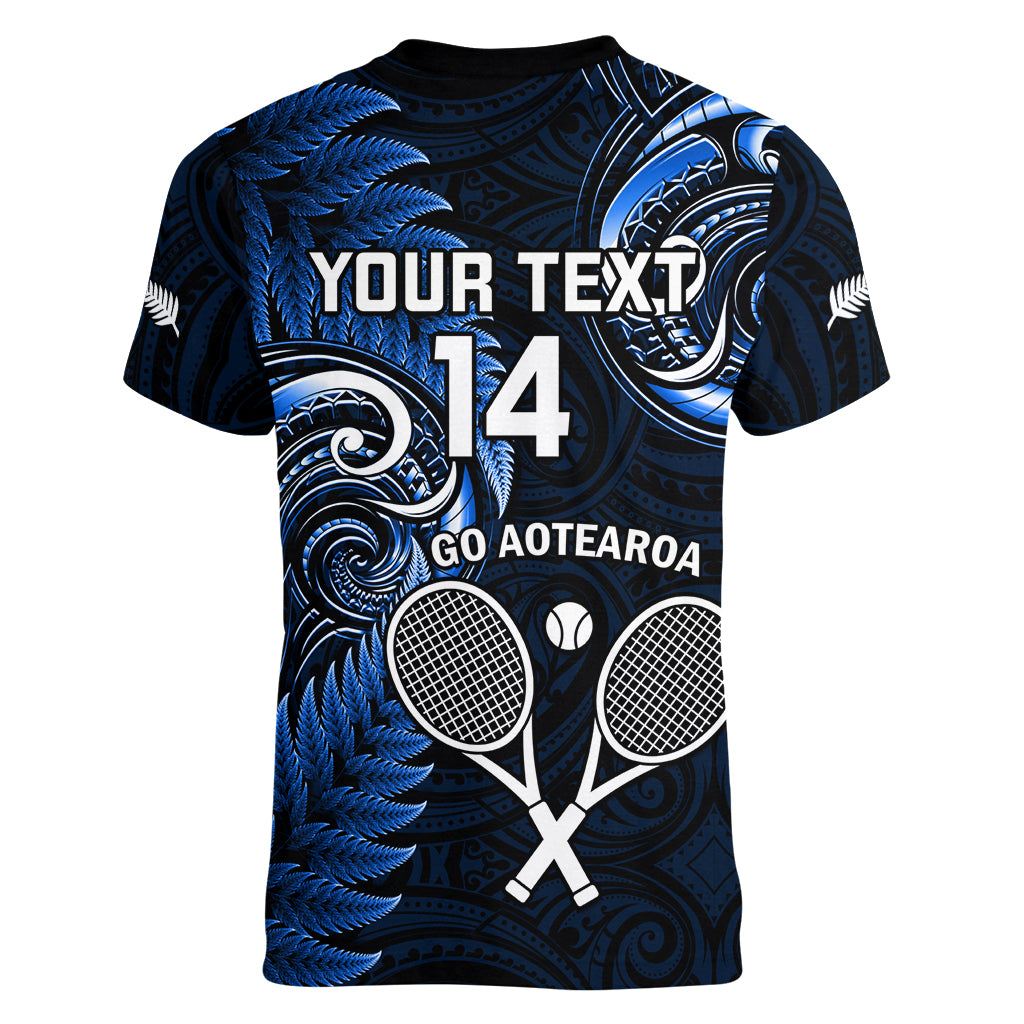 Custom New Zealand Tiki Tennis Women V Neck T Shirt 2024 Aotearoa Tenehi Maori Silver Fern - Blue - Vibe Hoodie Shop