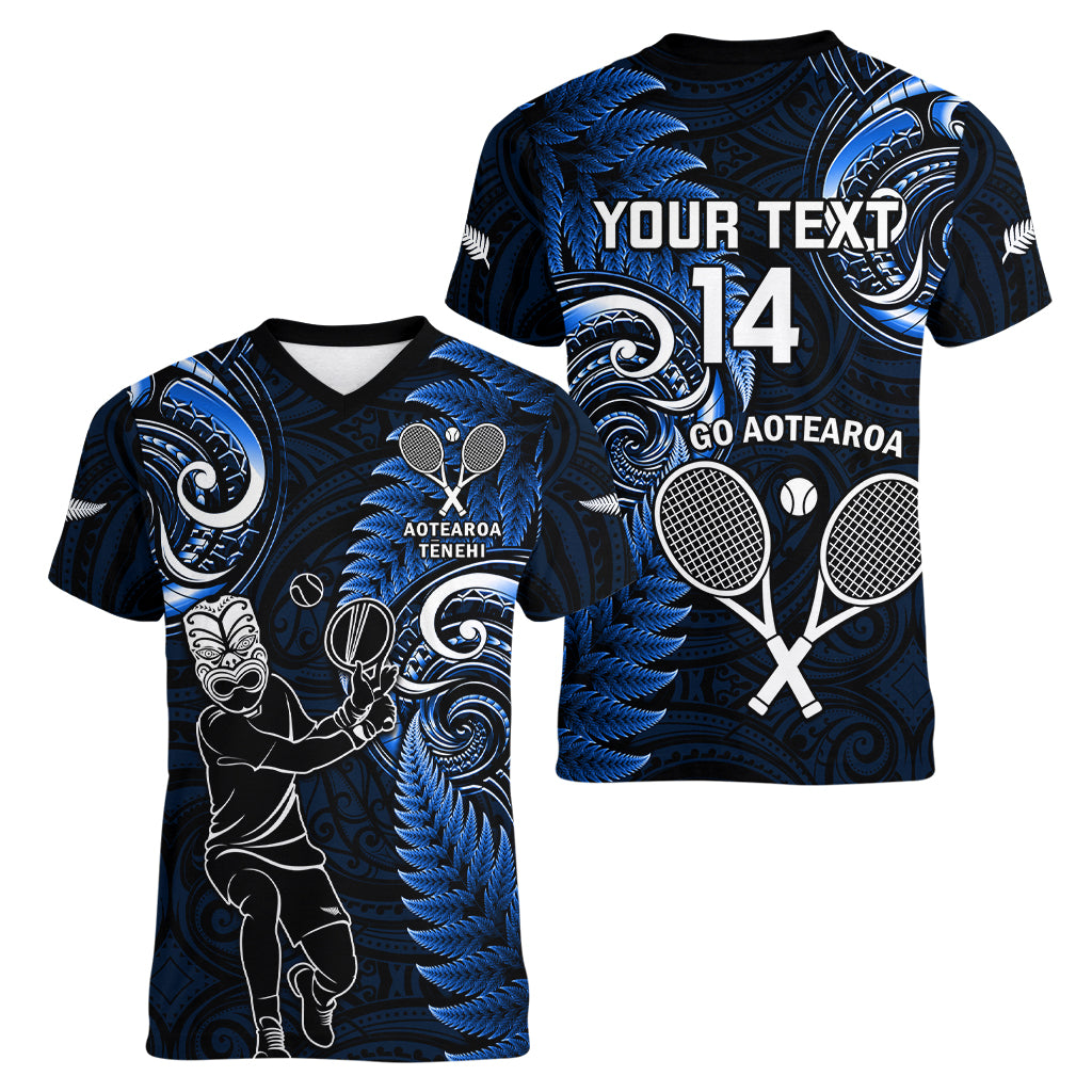 Custom New Zealand Tiki Tennis Women V Neck T Shirt 2024 Aotearoa Tenehi Maori Silver Fern - Blue - Vibe Hoodie Shop