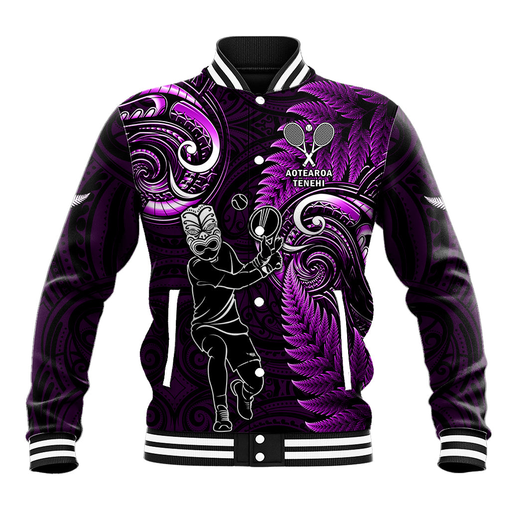 New Zealand Tiki Tennis Baseball Jacket 2024 Aotearoa Tenehi Maori Silver Fern - Purple - Vibe Hoodie Shop