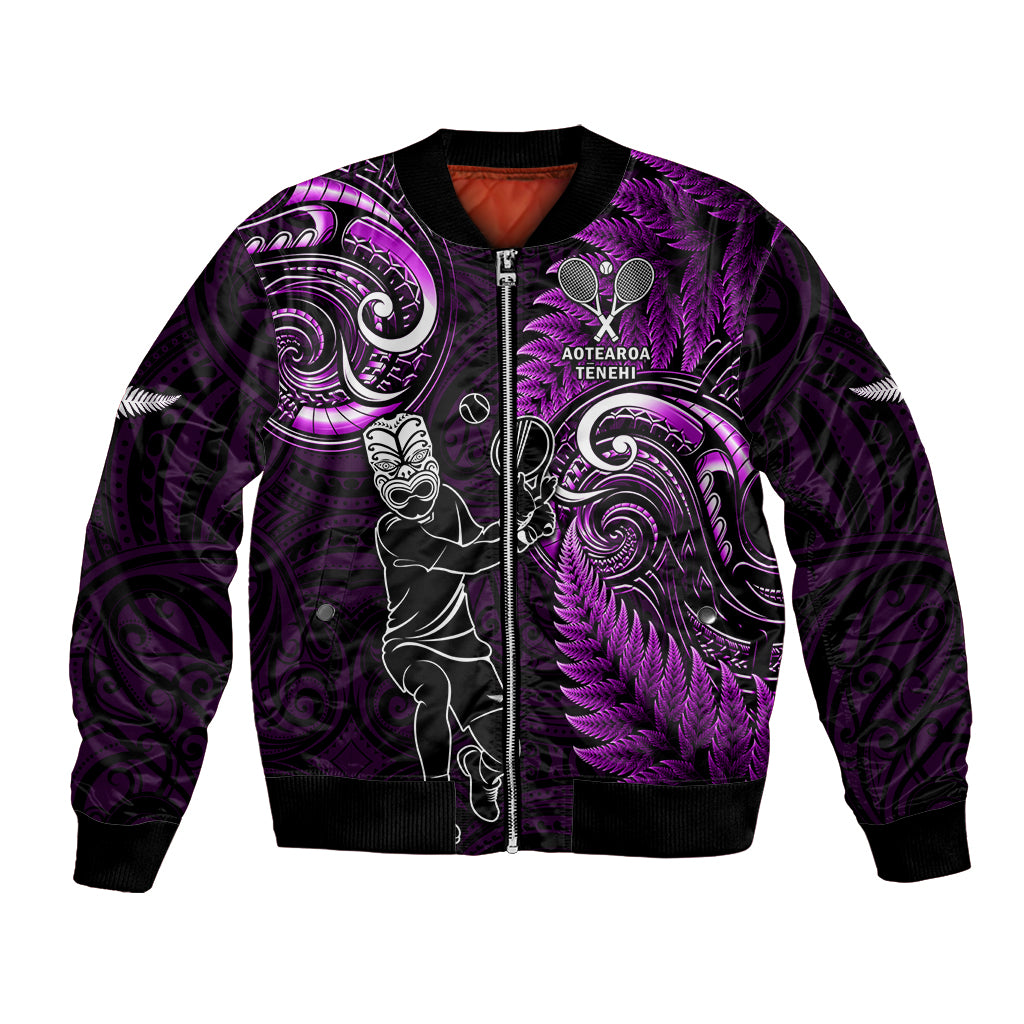 New Zealand Tiki Tennis Bomber Jacket 2024 Aotearoa Tenehi Maori Silver Fern - Purple - Vibe Hoodie Shop