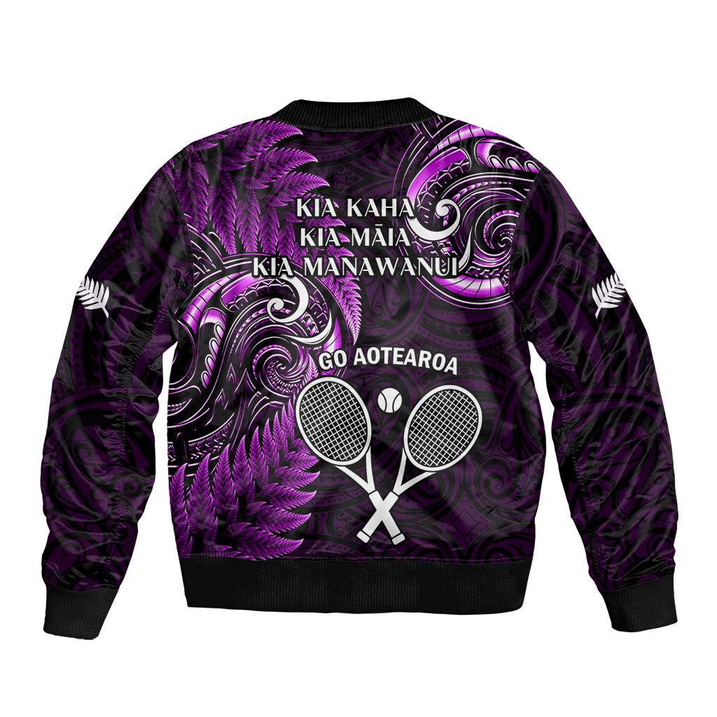 New Zealand Tiki Tennis Bomber Jacket 2024 Aotearoa Tenehi Maori Silver Fern - Purple - Vibe Hoodie Shop