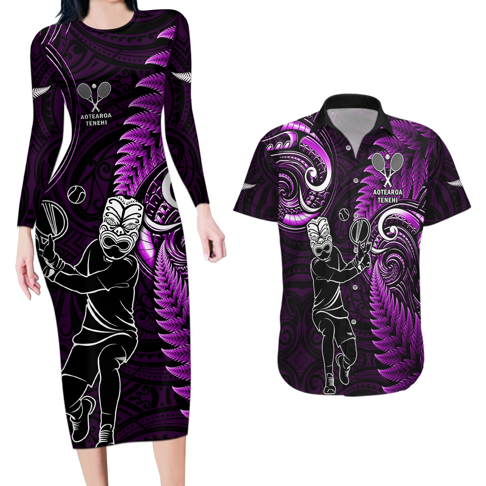 New Zealand Tiki Tennis Couples Matching Long Sleeve Bodycon Dress and Hawaiian Shirt 2024 Aotearoa Tenehi Maori Silver Fern - Purple