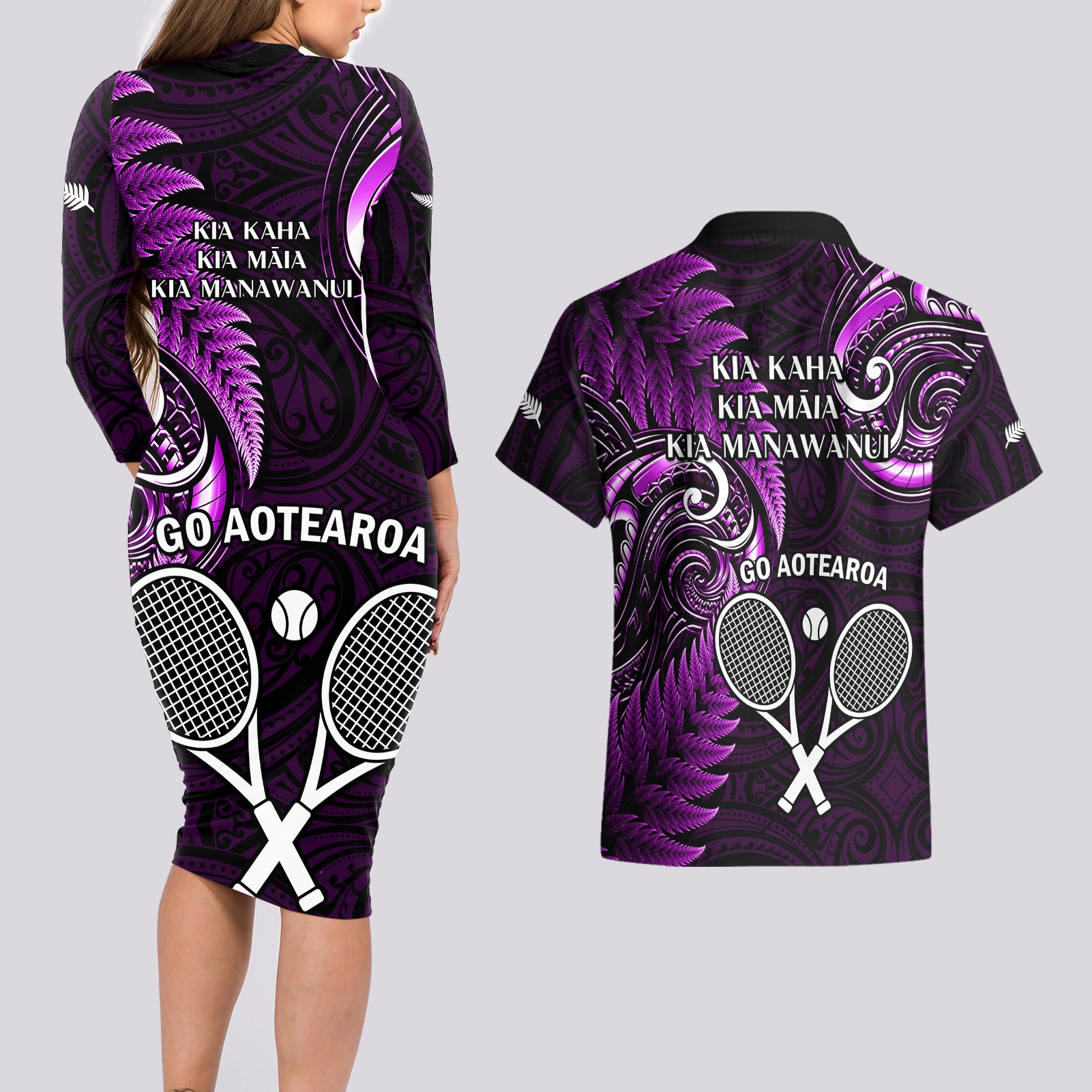 New Zealand Tiki Tennis Couples Matching Long Sleeve Bodycon Dress and Hawaiian Shirt 2024 Aotearoa Tenehi Maori Silver Fern - Purple