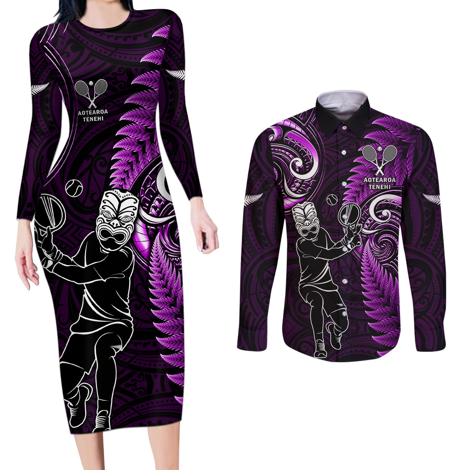 New Zealand Tiki Tennis Couples Matching Long Sleeve Bodycon Dress and Long Sleeve Button Shirt 2024 Aotearoa Tenehi Maori Silver Fern - Purple