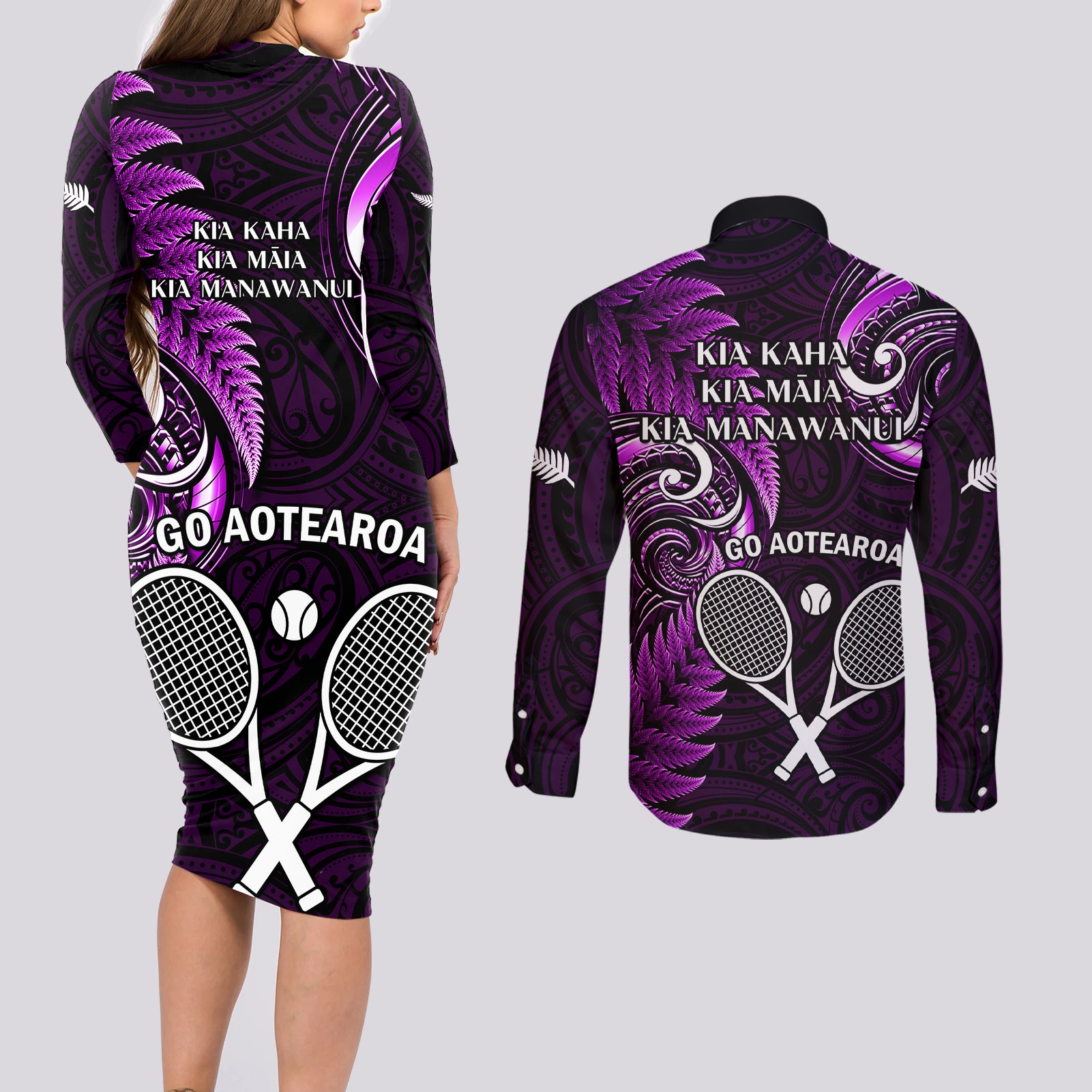 New Zealand Tiki Tennis Couples Matching Long Sleeve Bodycon Dress and Long Sleeve Button Shirt 2024 Aotearoa Tenehi Maori Silver Fern - Purple