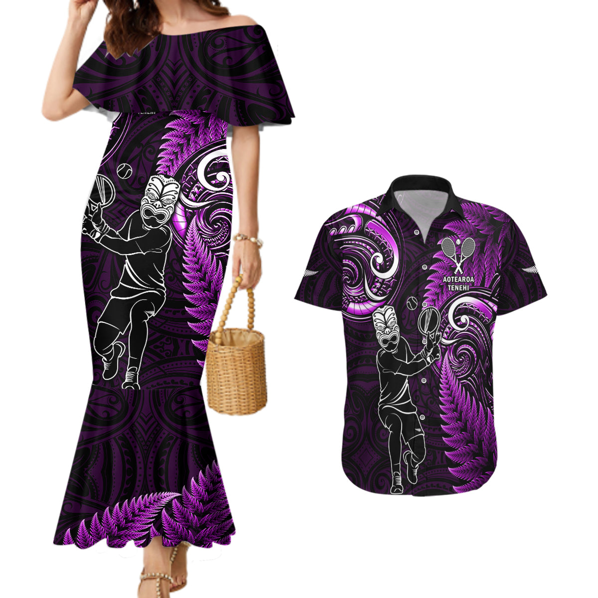 New Zealand Tiki Tennis Couples Matching Mermaid Dress and Hawaiian Shirt 2024 Aotearoa Tenehi Maori Silver Fern - Purple