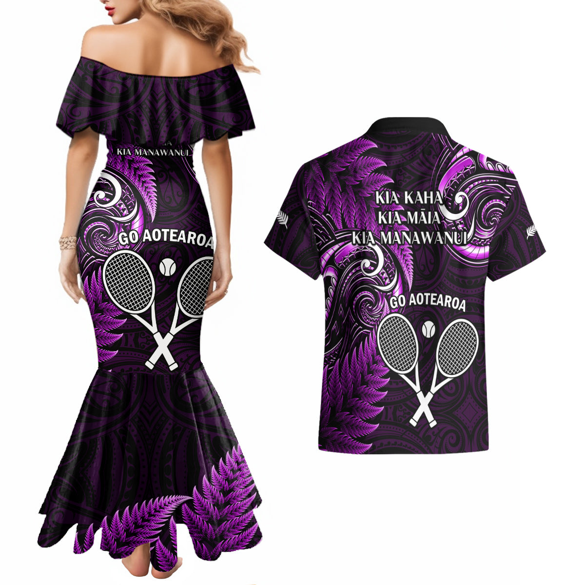 New Zealand Tiki Tennis Couples Matching Mermaid Dress and Hawaiian Shirt 2024 Aotearoa Tenehi Maori Silver Fern - Purple