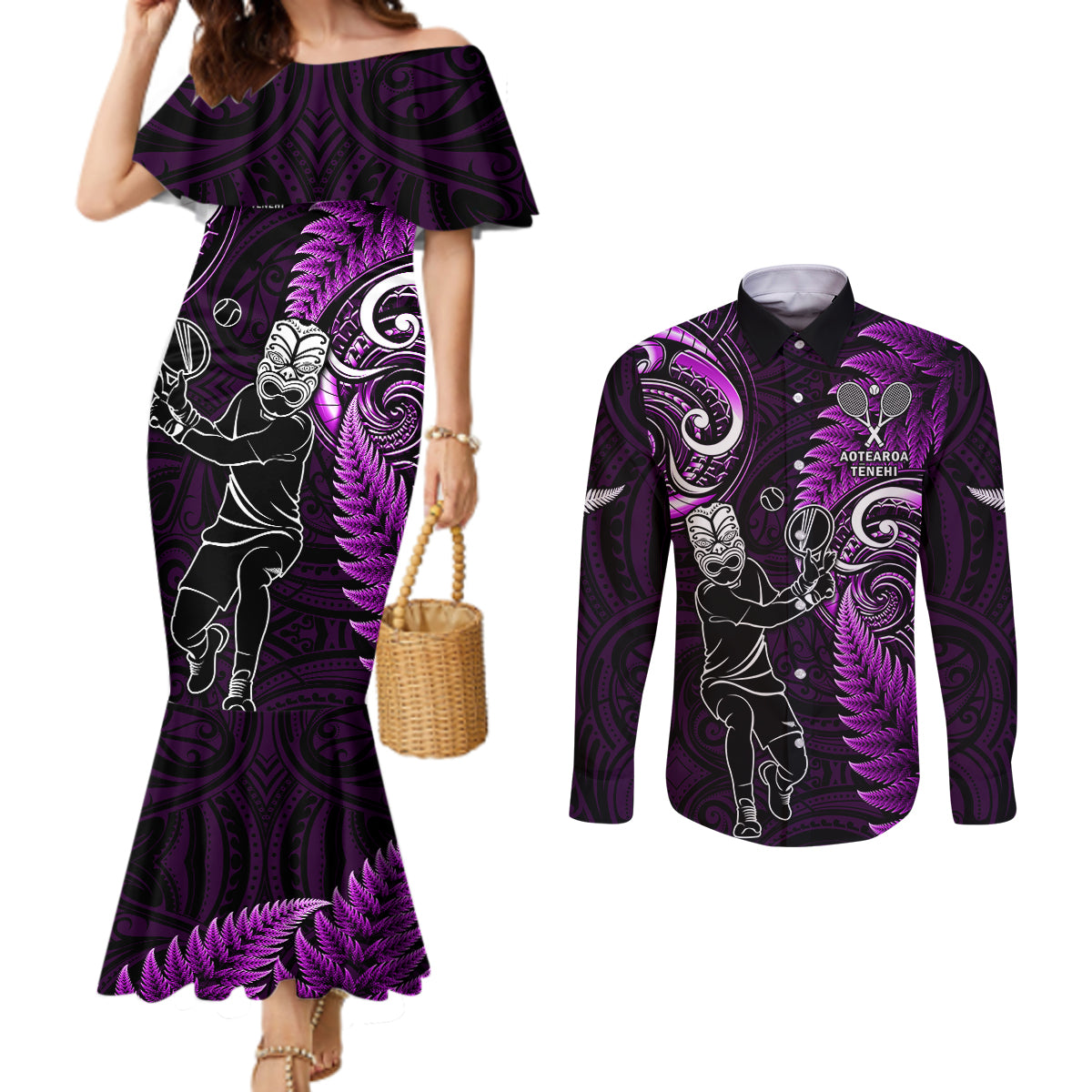 New Zealand Tiki Tennis Couples Matching Mermaid Dress and Long Sleeve Button Shirt 2024 Aotearoa Tenehi Maori Silver Fern - Purple