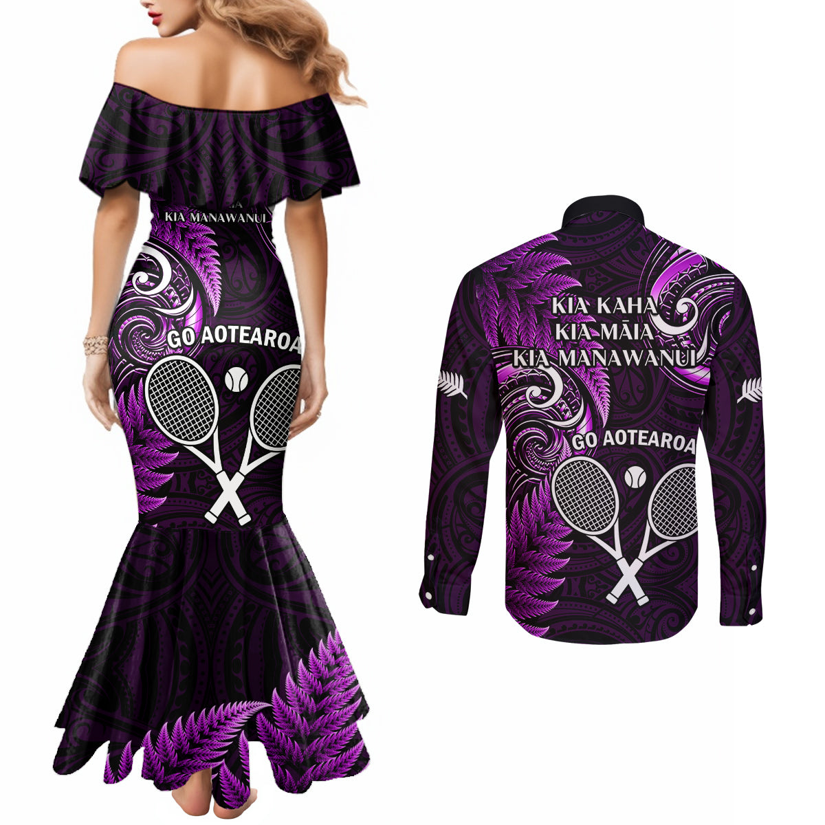 New Zealand Tiki Tennis Couples Matching Mermaid Dress and Long Sleeve Button Shirt 2024 Aotearoa Tenehi Maori Silver Fern - Purple