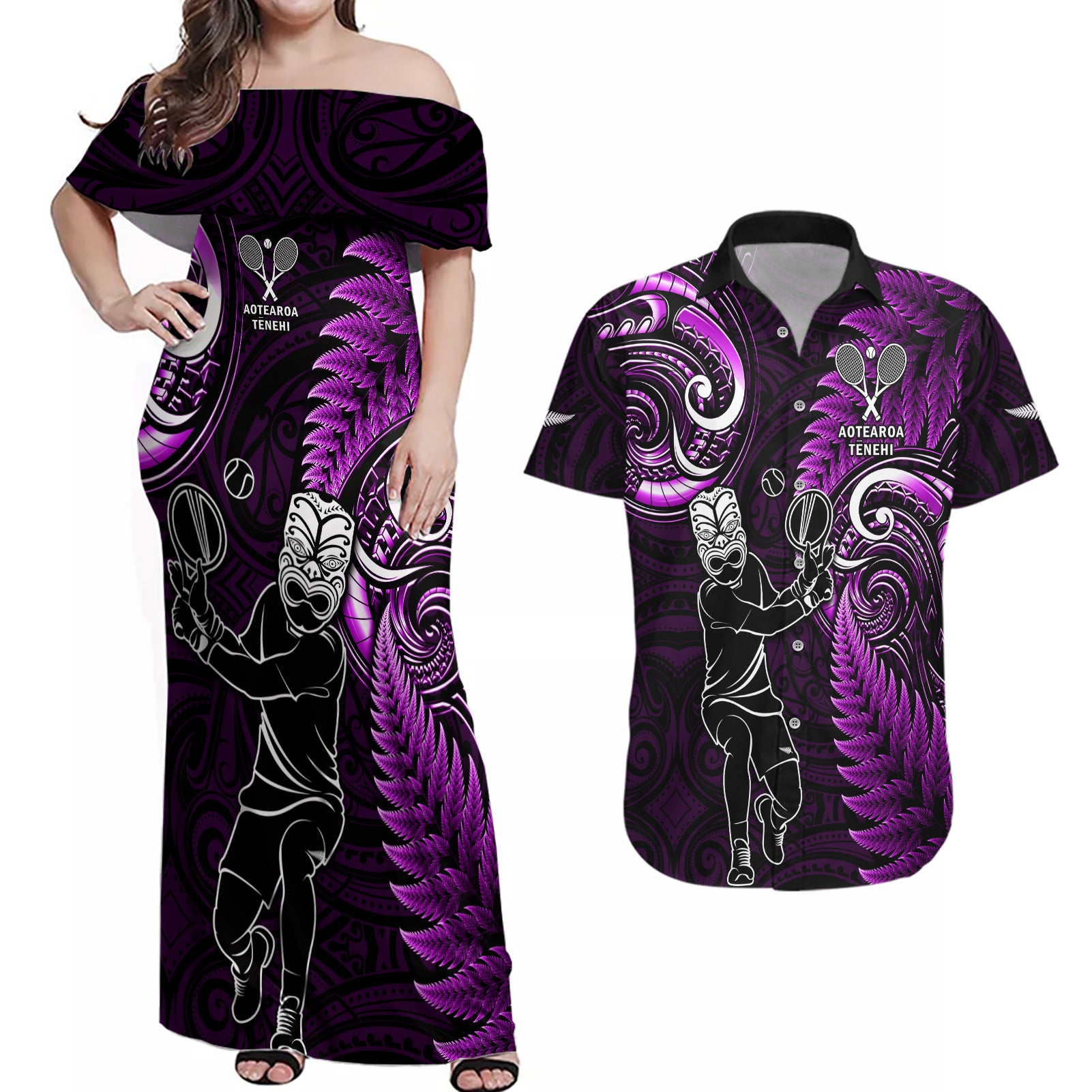 New Zealand Tiki Tennis Couples Matching Off Shoulder Maxi Dress and Hawaiian Shirt 2024 Aotearoa Tenehi Maori Silver Fern - Purple