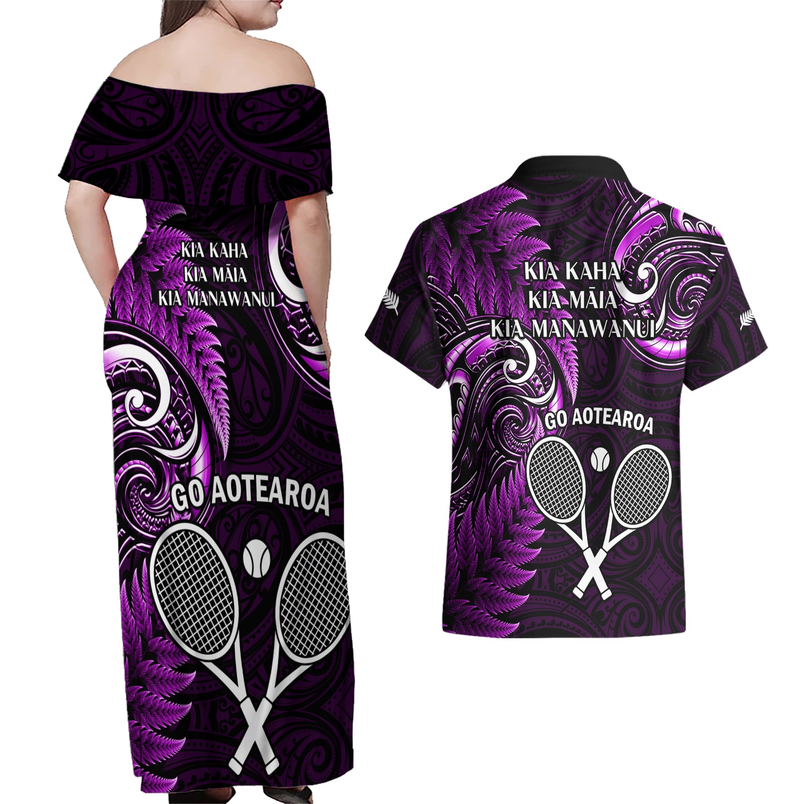 New Zealand Tiki Tennis Couples Matching Off Shoulder Maxi Dress and Hawaiian Shirt 2024 Aotearoa Tenehi Maori Silver Fern - Purple