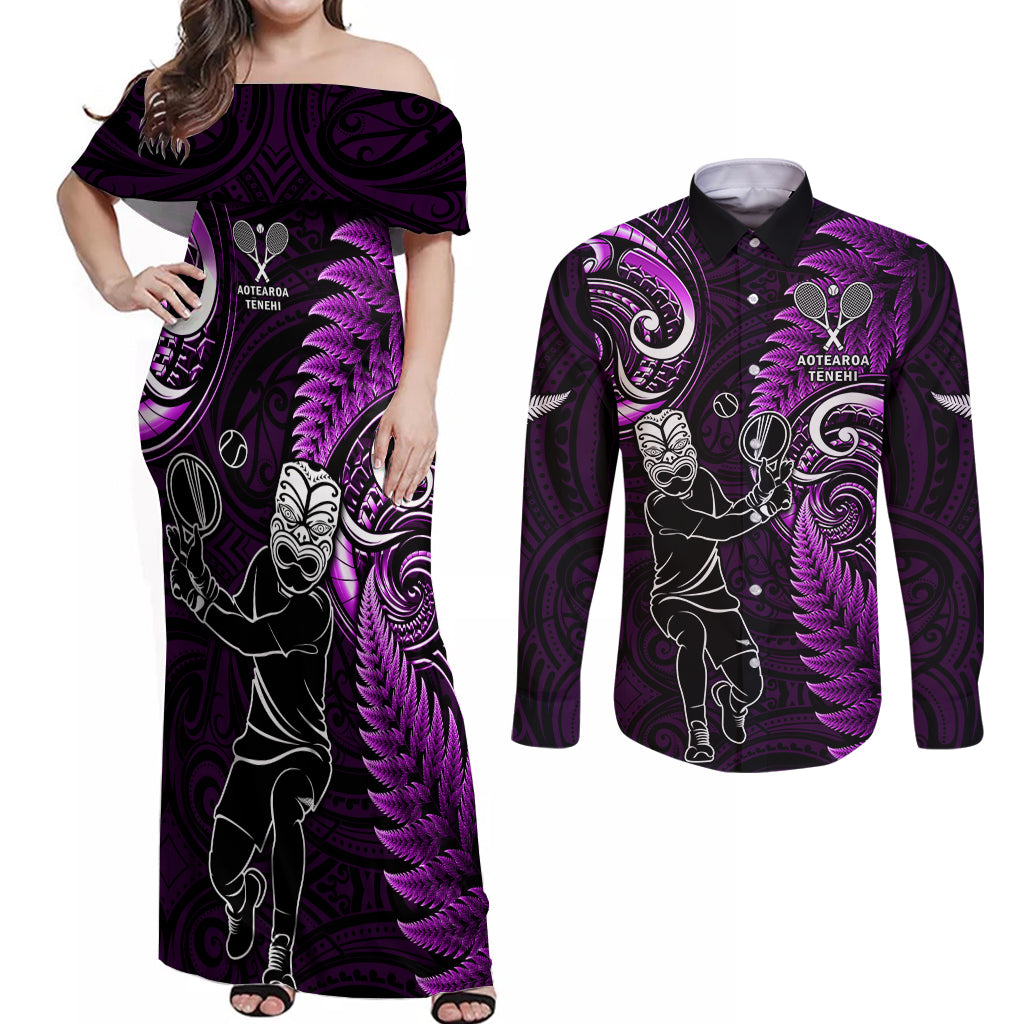 New Zealand Tiki Tennis Couples Matching Off Shoulder Maxi Dress and Long Sleeve Button Shirt 2024 Aotearoa Tenehi Maori Silver Fern - Purple