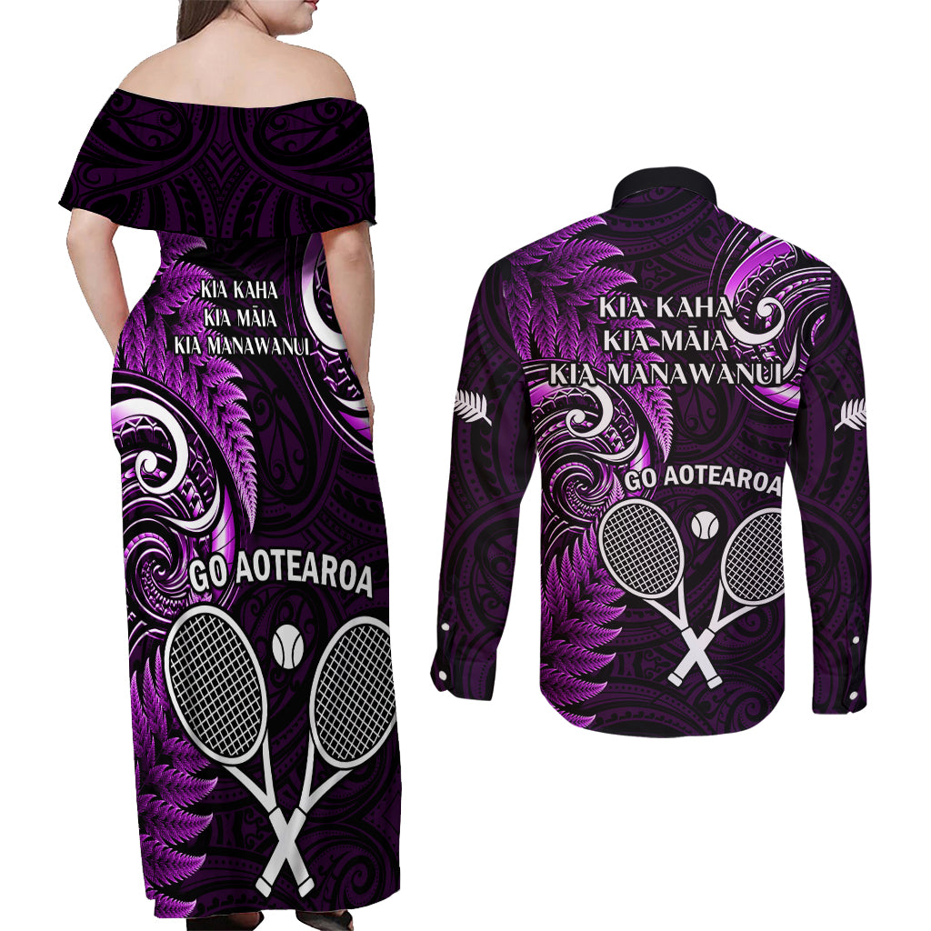 New Zealand Tiki Tennis Couples Matching Off Shoulder Maxi Dress and Long Sleeve Button Shirt 2024 Aotearoa Tenehi Maori Silver Fern - Purple