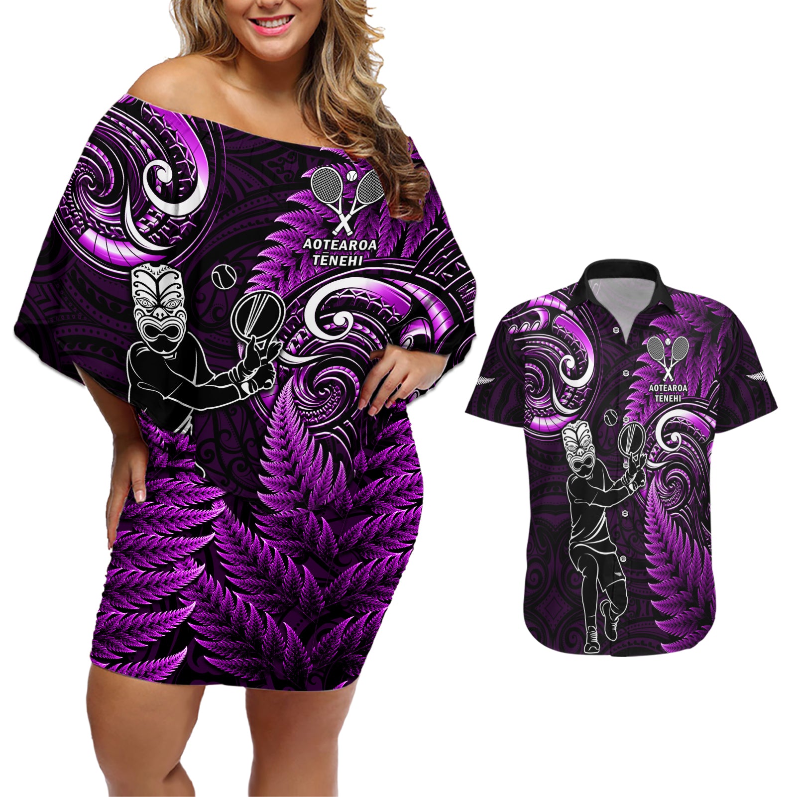 New Zealand Tiki Tennis Couples Matching Off Shoulder Short Dress and Hawaiian Shirt 2024 Aotearoa Tenehi Maori Silver Fern - Purple