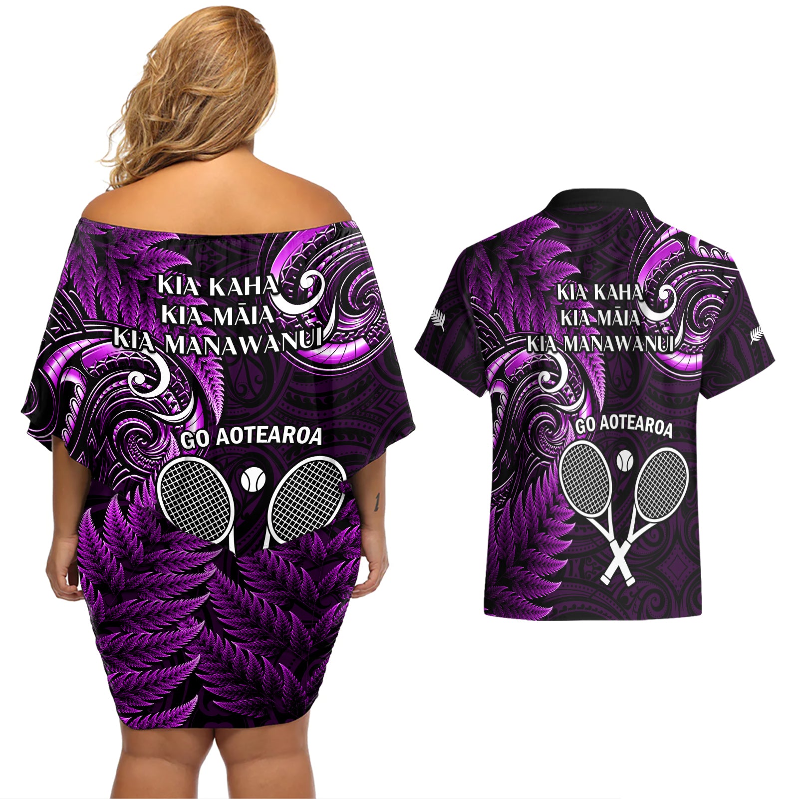 New Zealand Tiki Tennis Couples Matching Off Shoulder Short Dress and Hawaiian Shirt 2024 Aotearoa Tenehi Maori Silver Fern - Purple