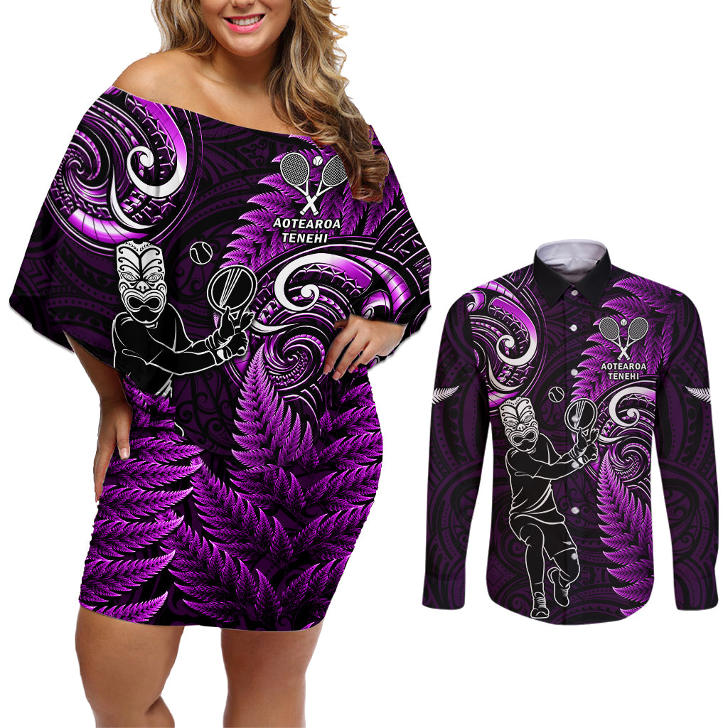 New Zealand Tiki Tennis Couples Matching Off Shoulder Short Dress and Long Sleeve Button Shirt 2024 Aotearoa Tenehi Maori Silver Fern - Purple