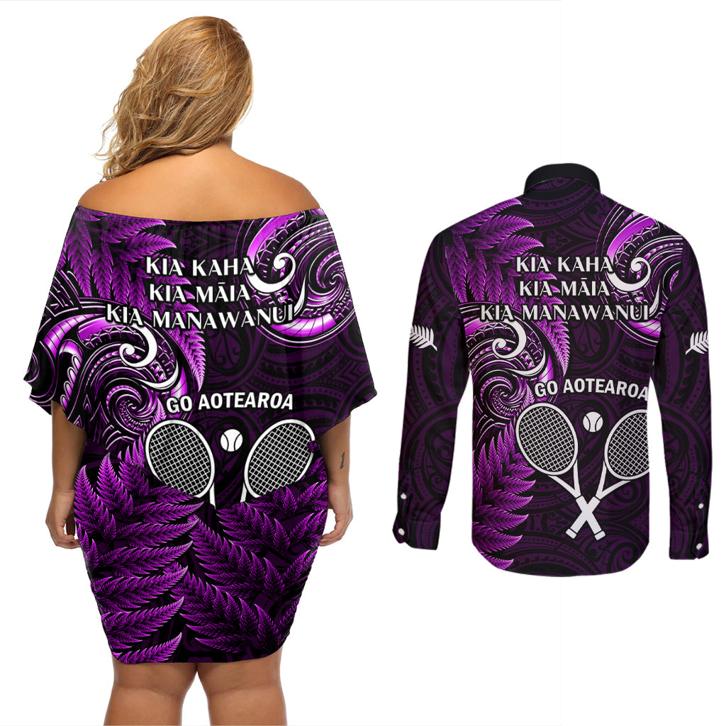 New Zealand Tiki Tennis Couples Matching Off Shoulder Short Dress and Long Sleeve Button Shirt 2024 Aotearoa Tenehi Maori Silver Fern - Purple