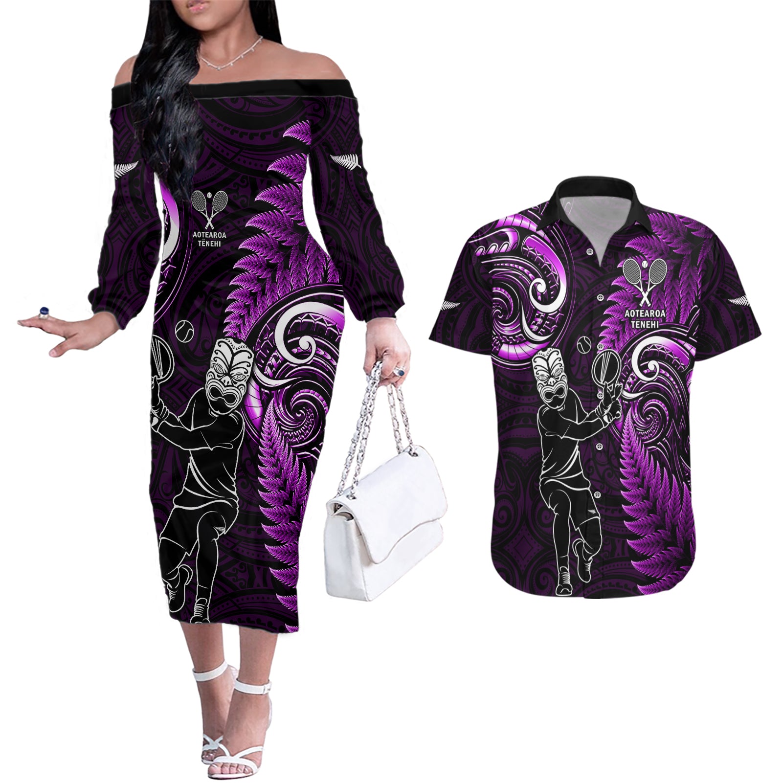 New Zealand Tiki Tennis Couples Matching Off The Shoulder Long Sleeve Dress and Hawaiian Shirt 2024 Aotearoa Tenehi Maori Silver Fern - Purple