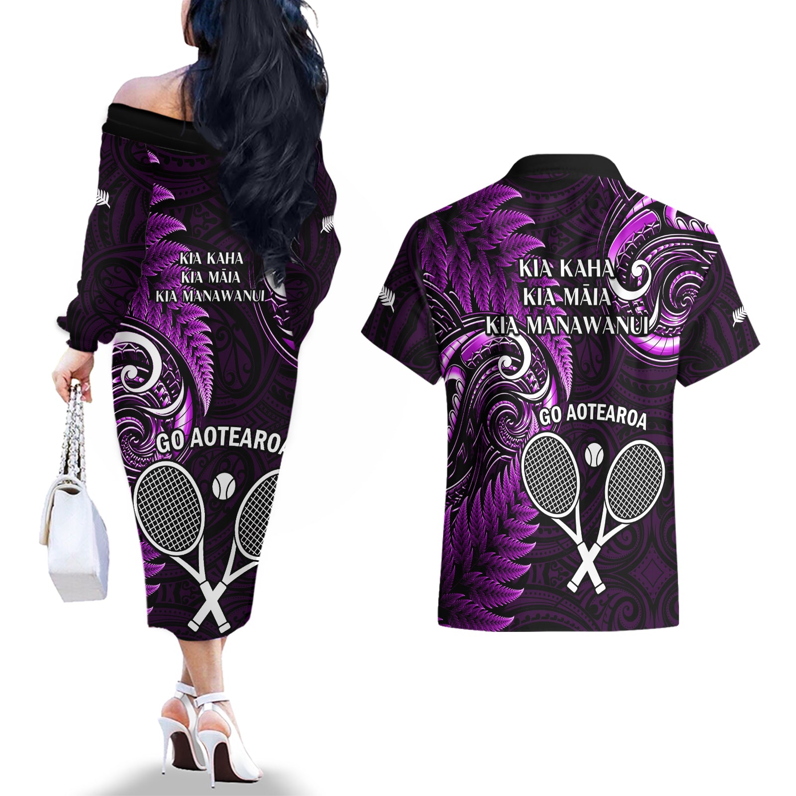 New Zealand Tiki Tennis Couples Matching Off The Shoulder Long Sleeve Dress and Hawaiian Shirt 2024 Aotearoa Tenehi Maori Silver Fern - Purple