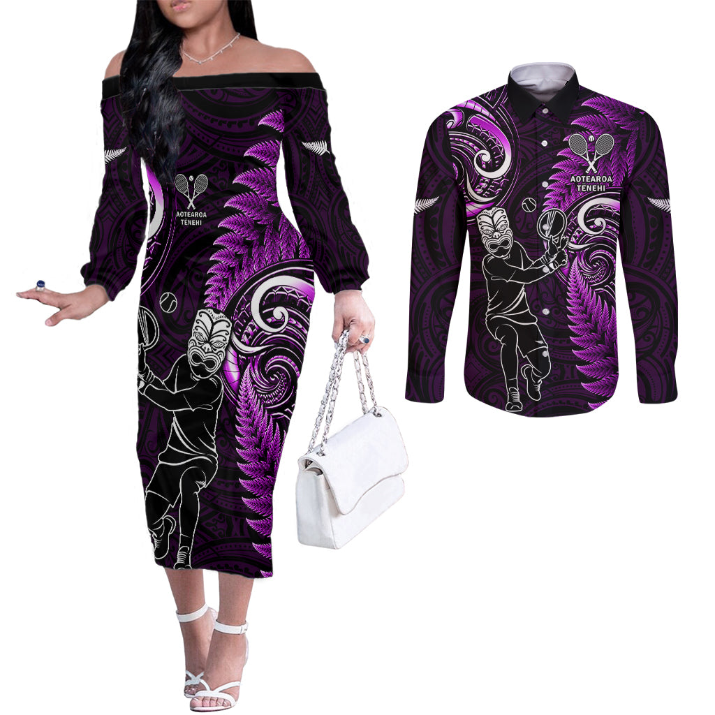 New Zealand Tiki Tennis Couples Matching Off The Shoulder Long Sleeve Dress and Long Sleeve Button Shirt 2024 Aotearoa Tenehi Maori Silver Fern - Purple