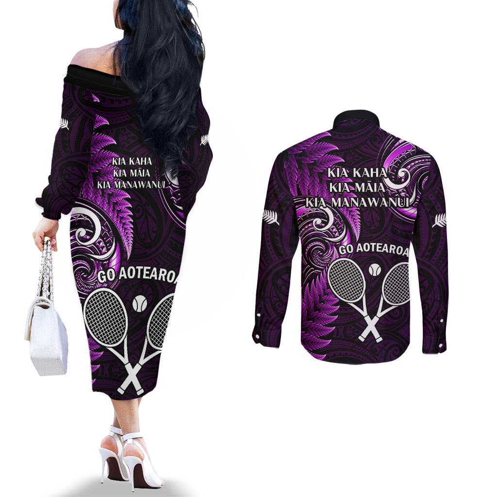 New Zealand Tiki Tennis Couples Matching Off The Shoulder Long Sleeve Dress and Long Sleeve Button Shirt 2024 Aotearoa Tenehi Maori Silver Fern - Purple