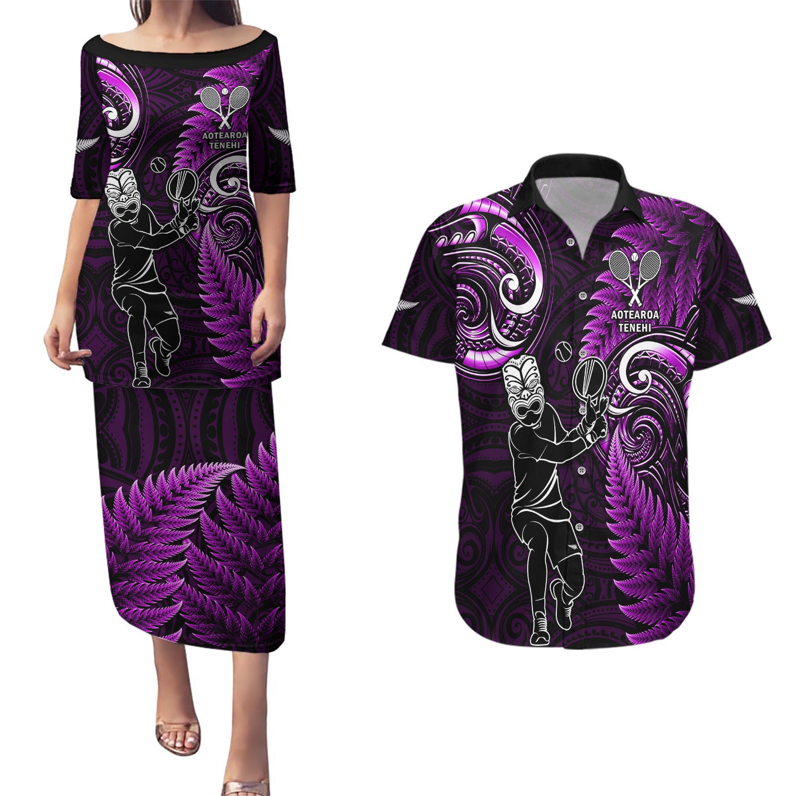 New Zealand Tiki Tennis Couples Matching Puletasi and Hawaiian Shirt 2024 Aotearoa Tenehi Maori Silver Fern - Purple