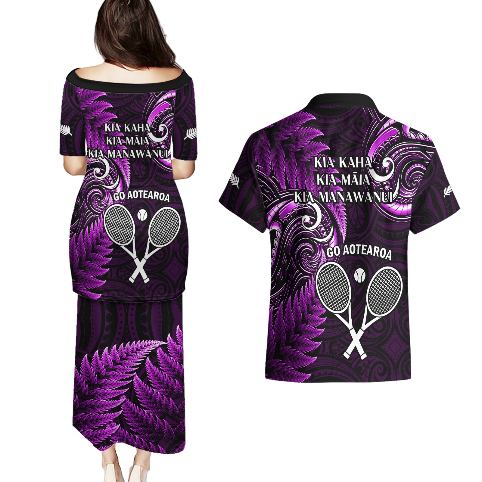 New Zealand Tiki Tennis Couples Matching Puletasi and Hawaiian Shirt 2024 Aotearoa Tenehi Maori Silver Fern - Purple