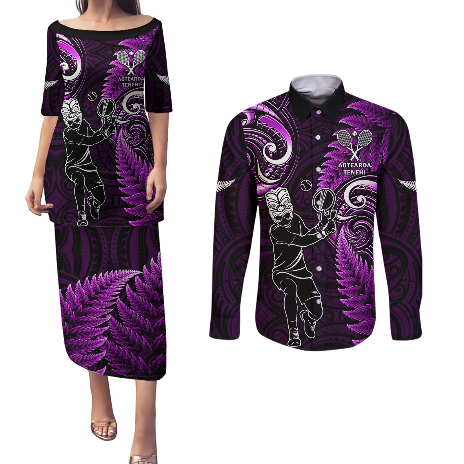 New Zealand Tiki Tennis Couples Matching Puletasi and Long Sleeve Button Shirt 2024 Aotearoa Tenehi Maori Silver Fern - Purple