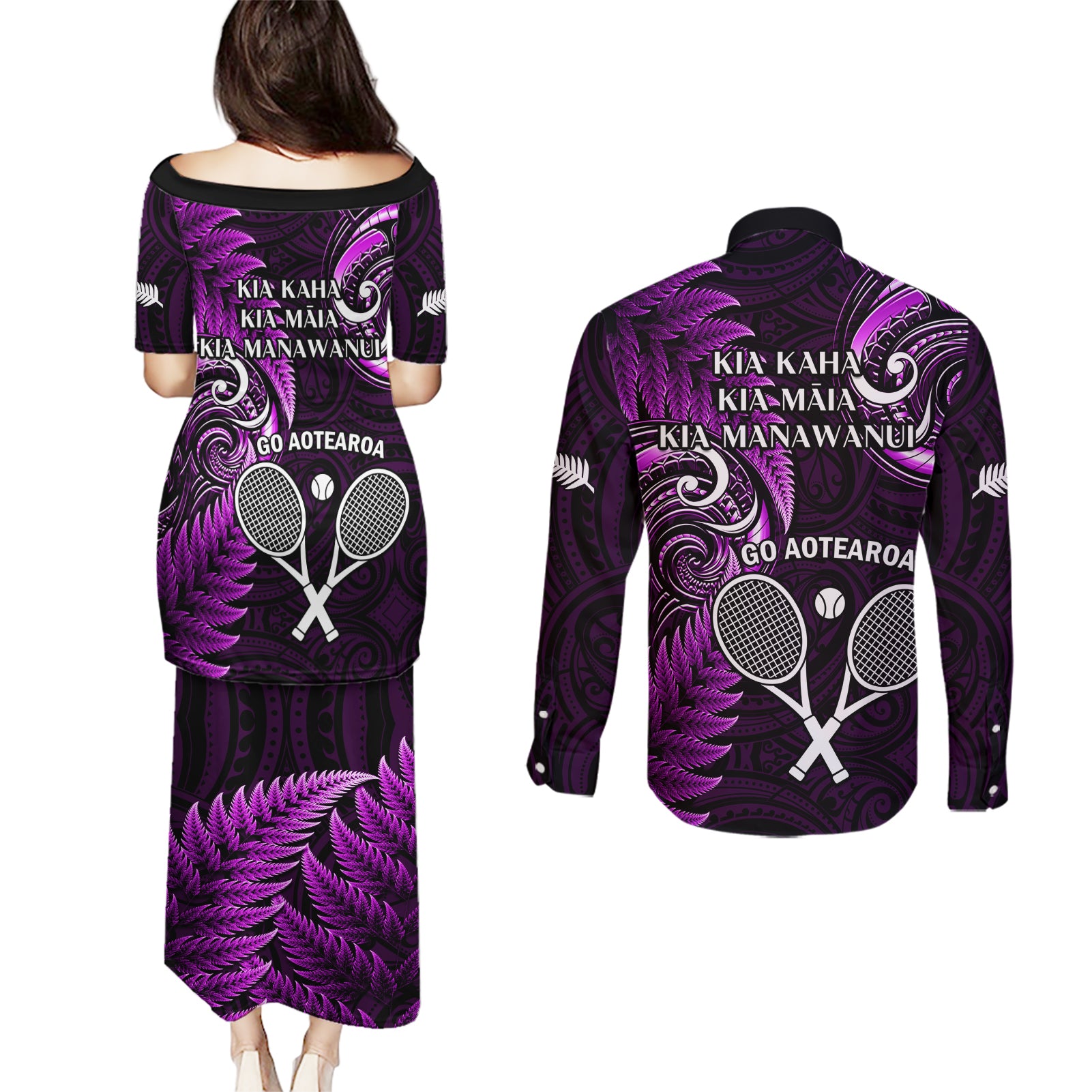 New Zealand Tiki Tennis Couples Matching Puletasi and Long Sleeve Button Shirt 2024 Aotearoa Tenehi Maori Silver Fern - Purple