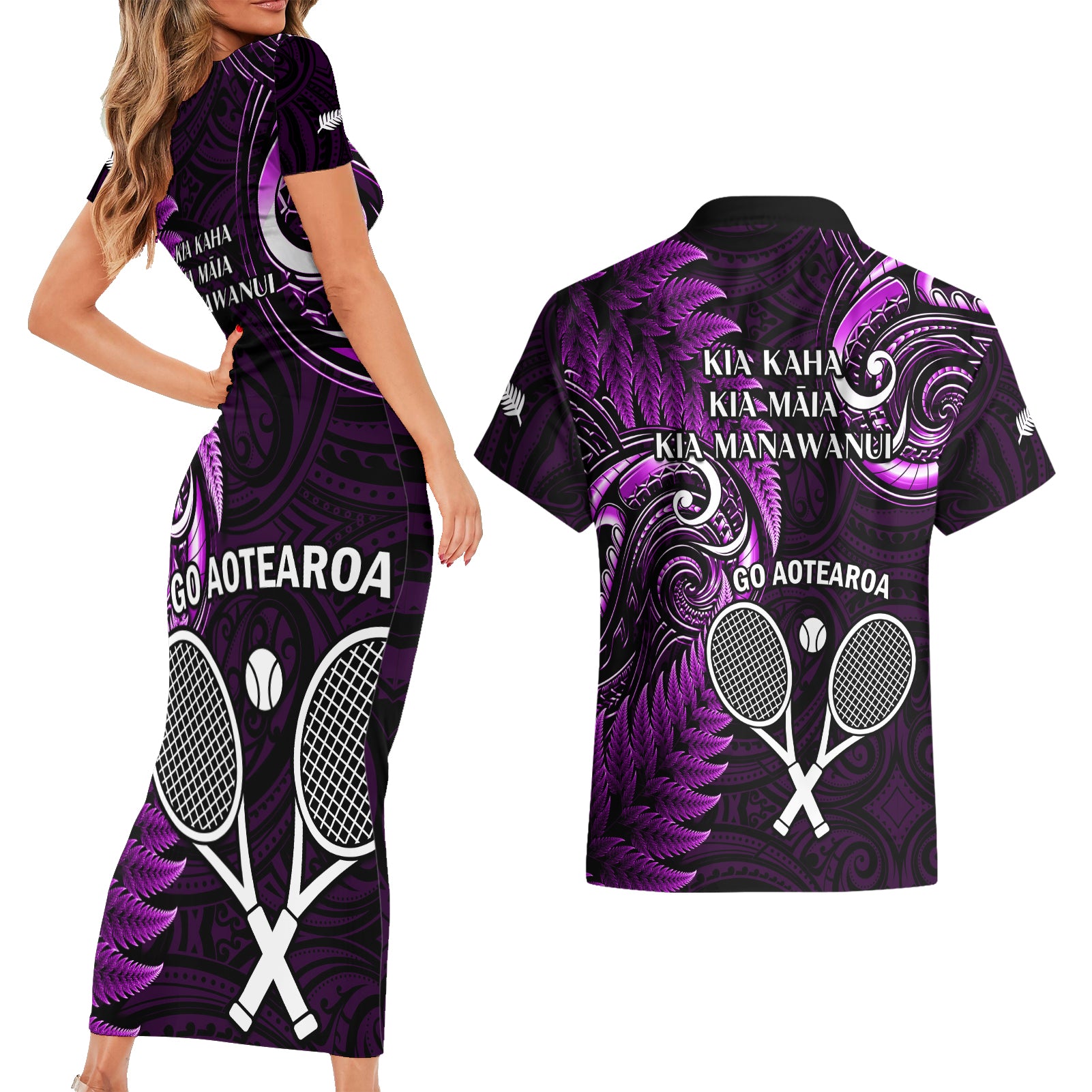 New Zealand Tiki Tennis Couples Matching Short Sleeve Bodycon Dress and Hawaiian Shirt 2024 Aotearoa Tenehi Maori Silver Fern - Purple