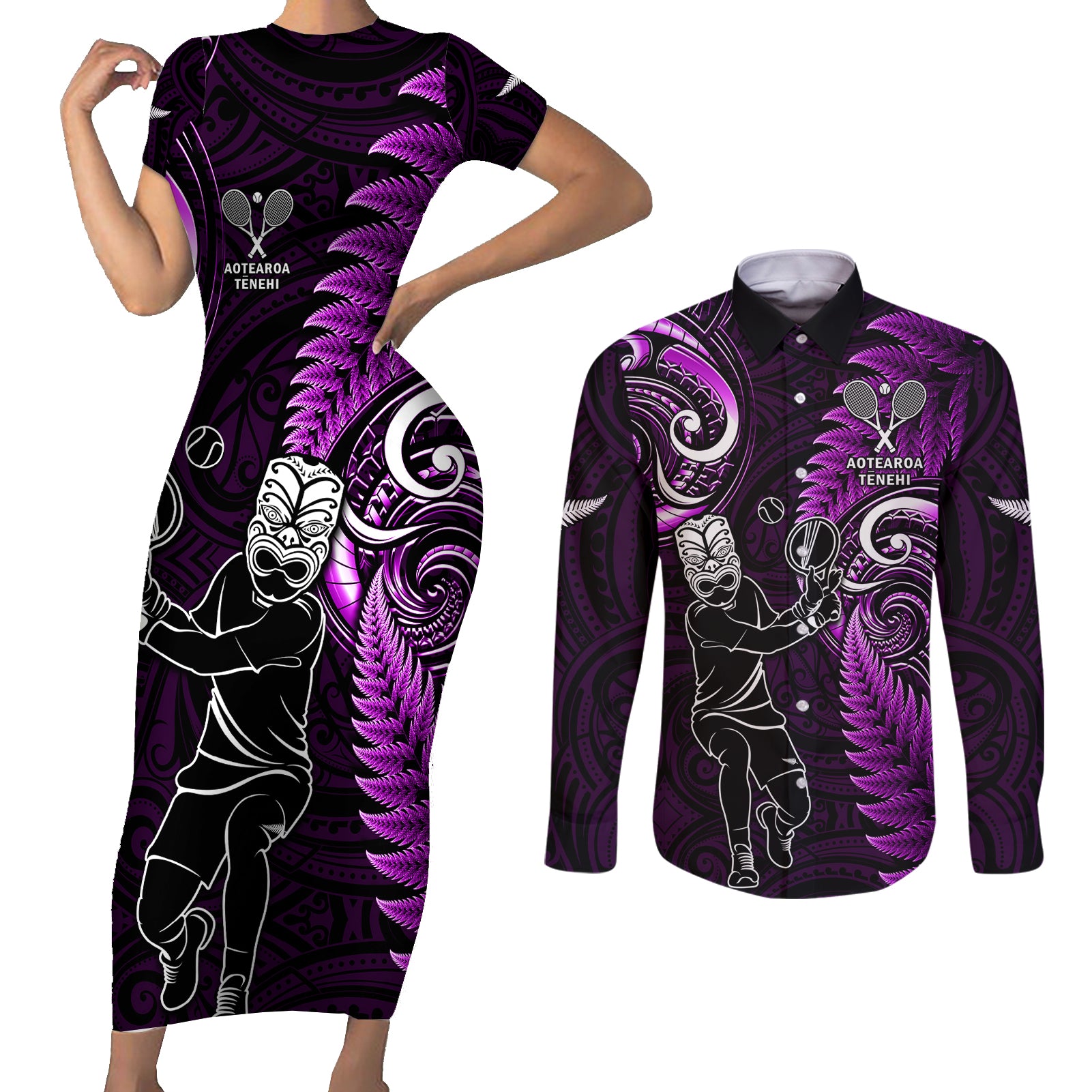 New Zealand Tiki Tennis Couples Matching Short Sleeve Bodycon Dress and Long Sleeve Button Shirt 2024 Aotearoa Tenehi Maori Silver Fern - Purple