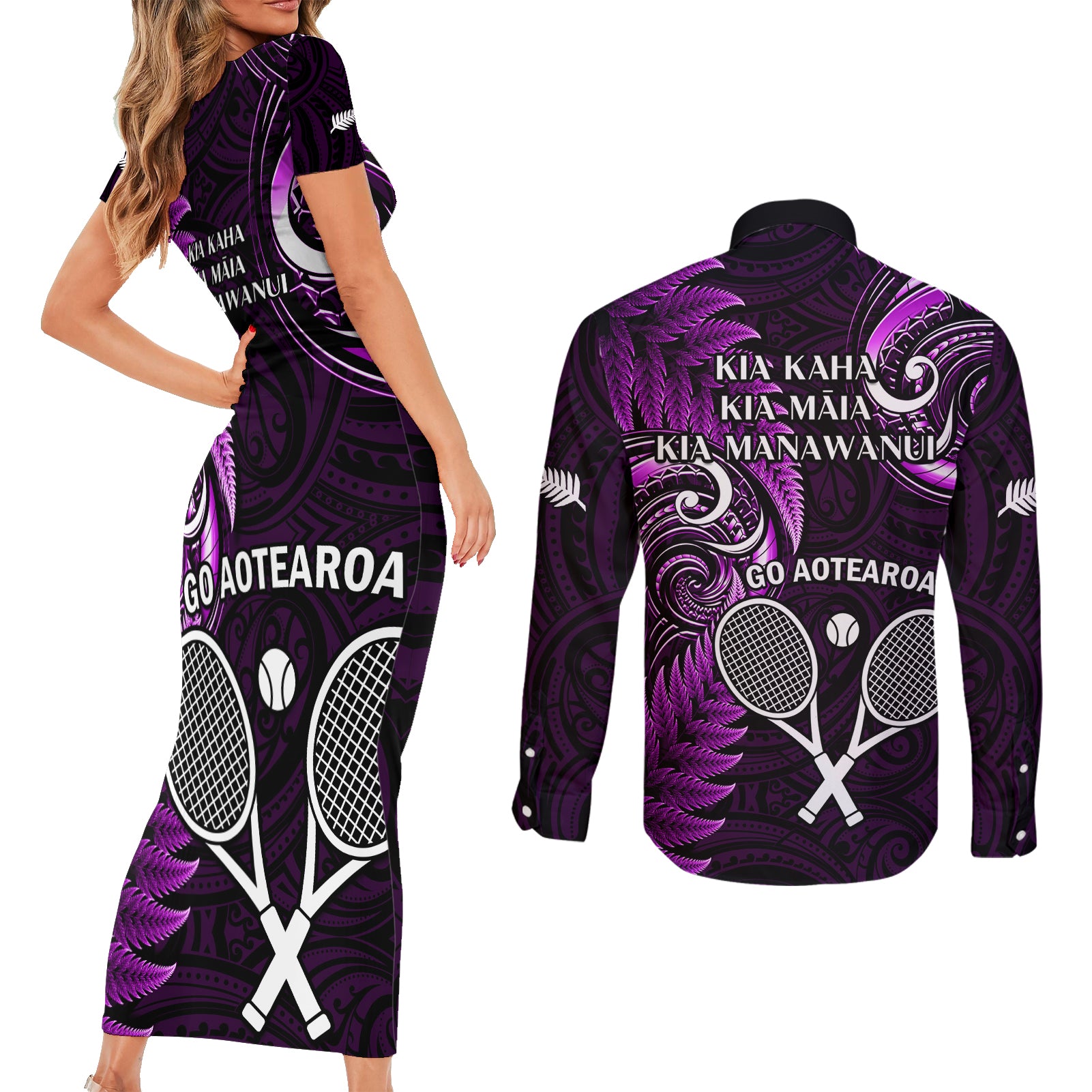 New Zealand Tiki Tennis Couples Matching Short Sleeve Bodycon Dress and Long Sleeve Button Shirt 2024 Aotearoa Tenehi Maori Silver Fern - Purple