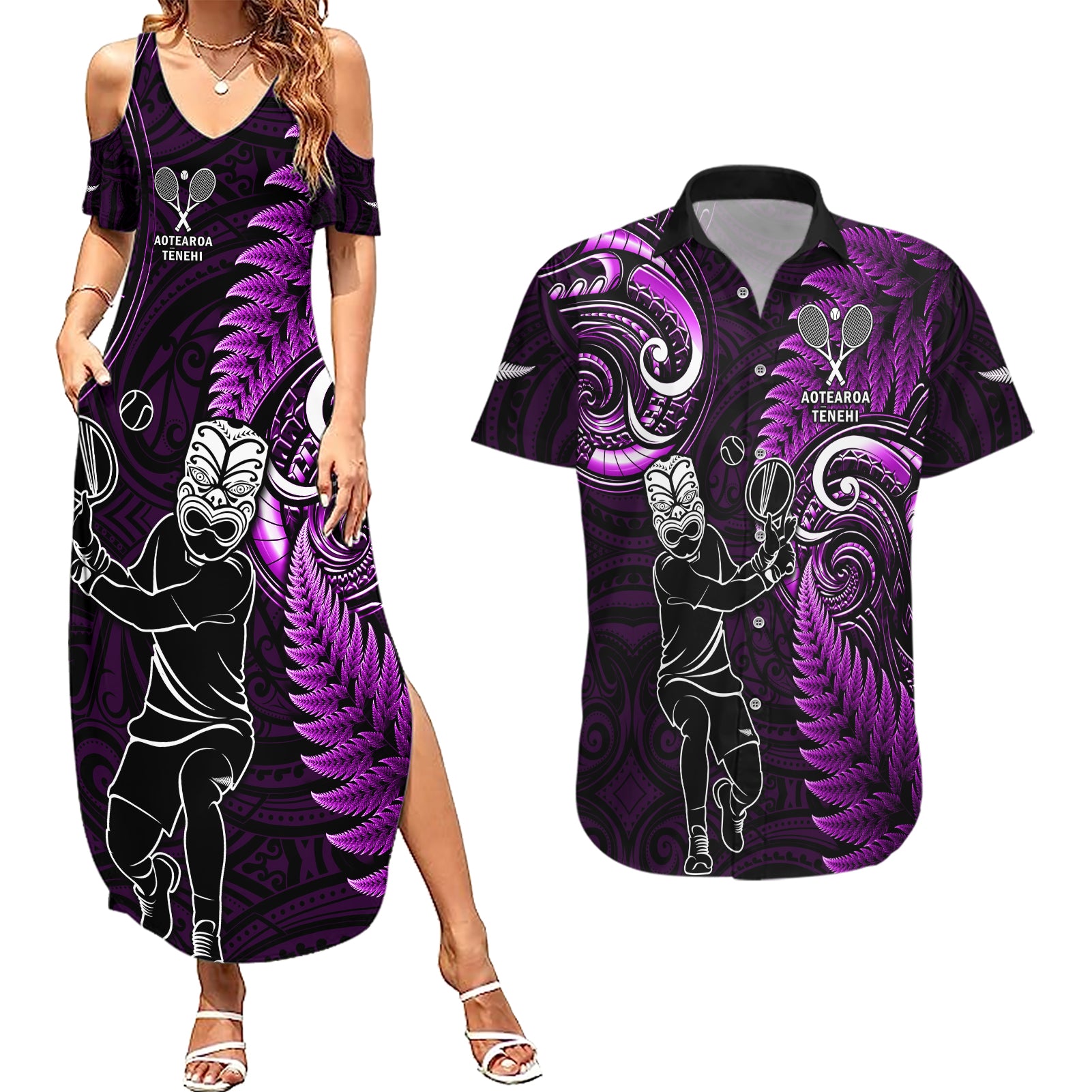 New Zealand Tiki Tennis Couples Matching Summer Maxi Dress and Hawaiian Shirt 2024 Aotearoa Tenehi Maori Silver Fern - Purple