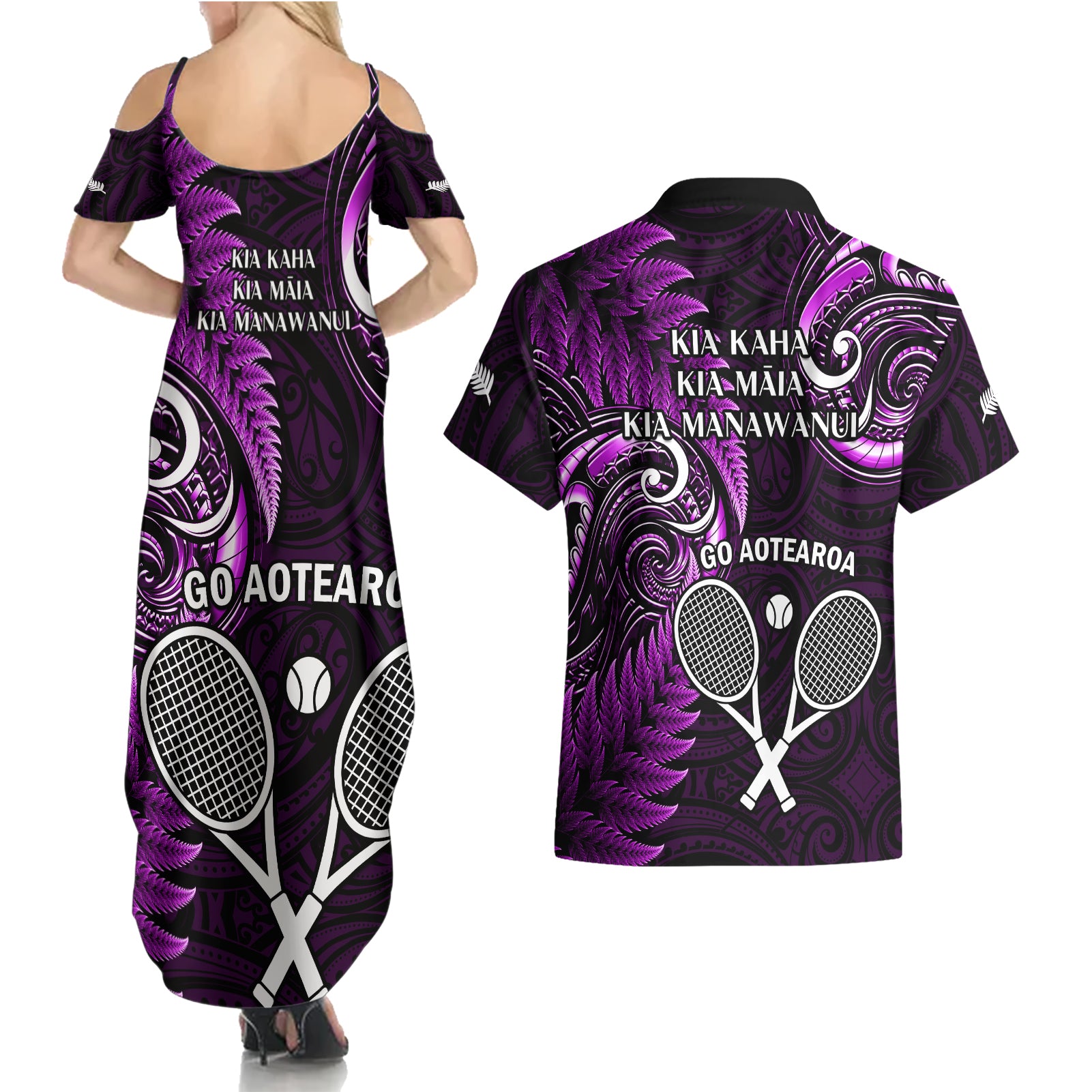 New Zealand Tiki Tennis Couples Matching Summer Maxi Dress and Hawaiian Shirt 2024 Aotearoa Tenehi Maori Silver Fern - Purple