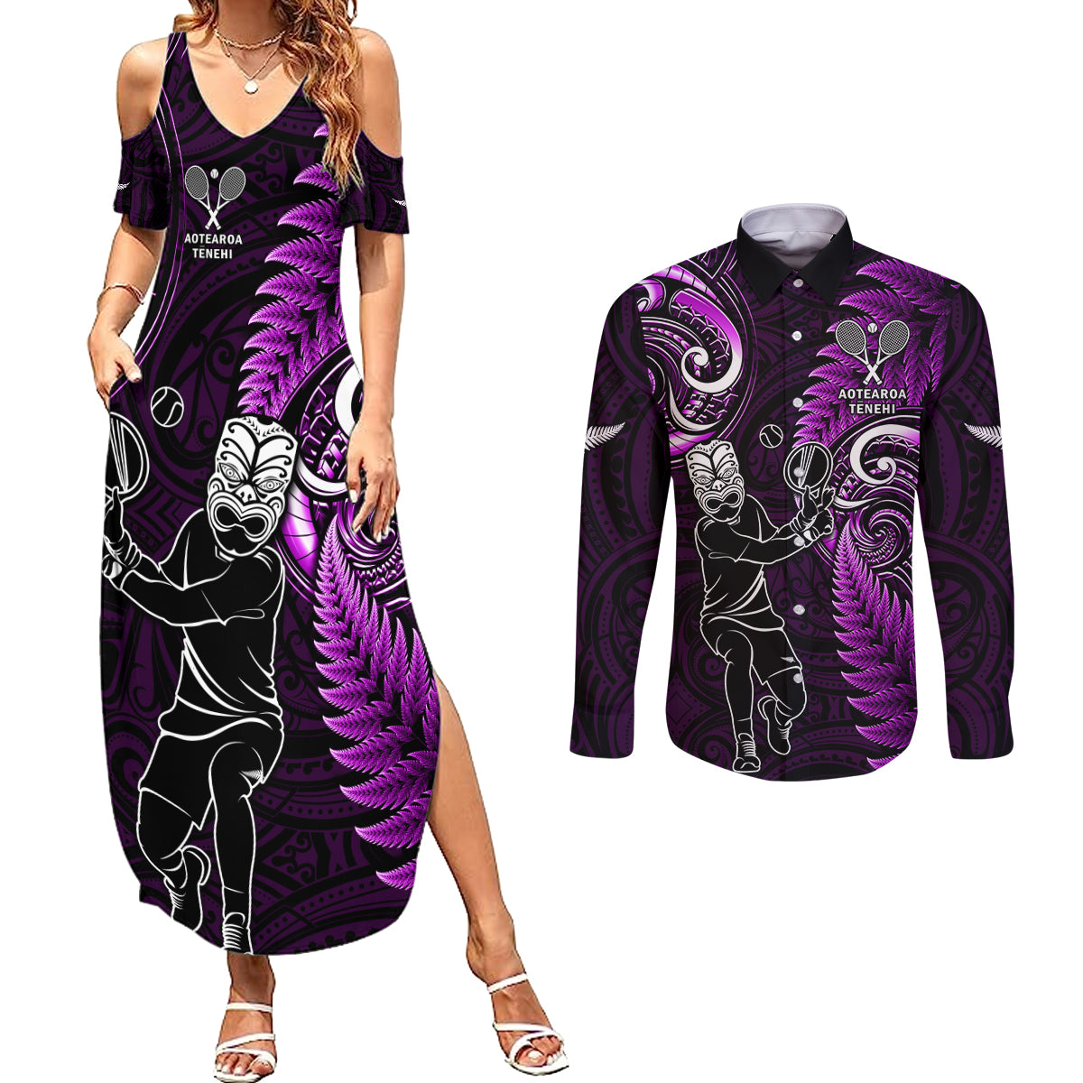 New Zealand Tiki Tennis Couples Matching Summer Maxi Dress and Long Sleeve Button Shirt 2024 Aotearoa Tenehi Maori Silver Fern - Purple