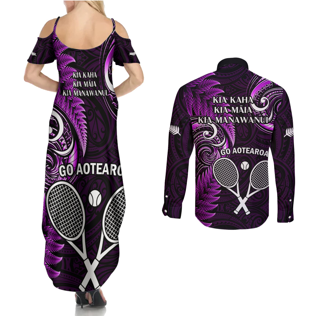 New Zealand Tiki Tennis Couples Matching Summer Maxi Dress and Long Sleeve Button Shirt 2024 Aotearoa Tenehi Maori Silver Fern - Purple