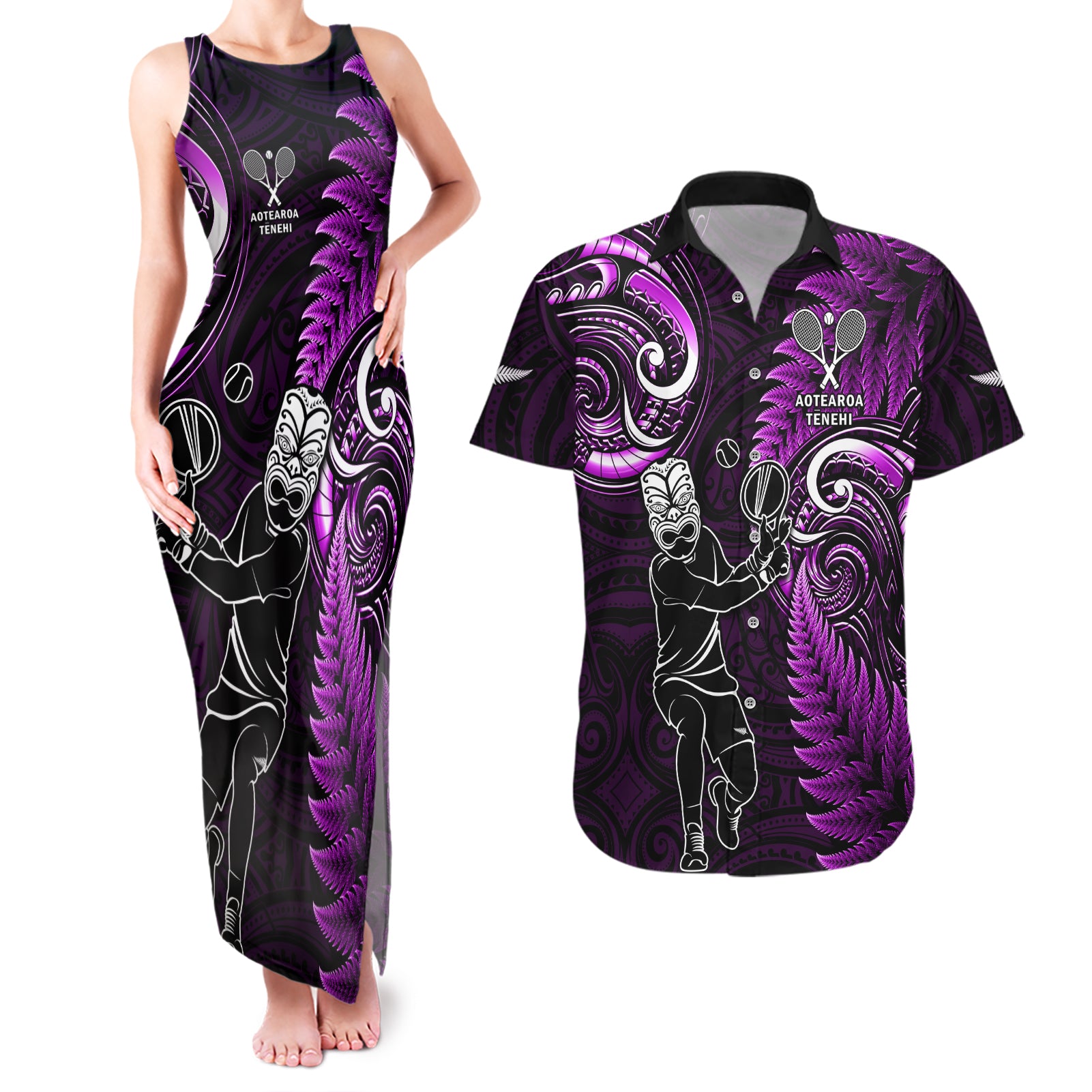 New Zealand Tiki Tennis Couples Matching Tank Maxi Dress and Hawaiian Shirt 2024 Aotearoa Tenehi Maori Silver Fern - Purple